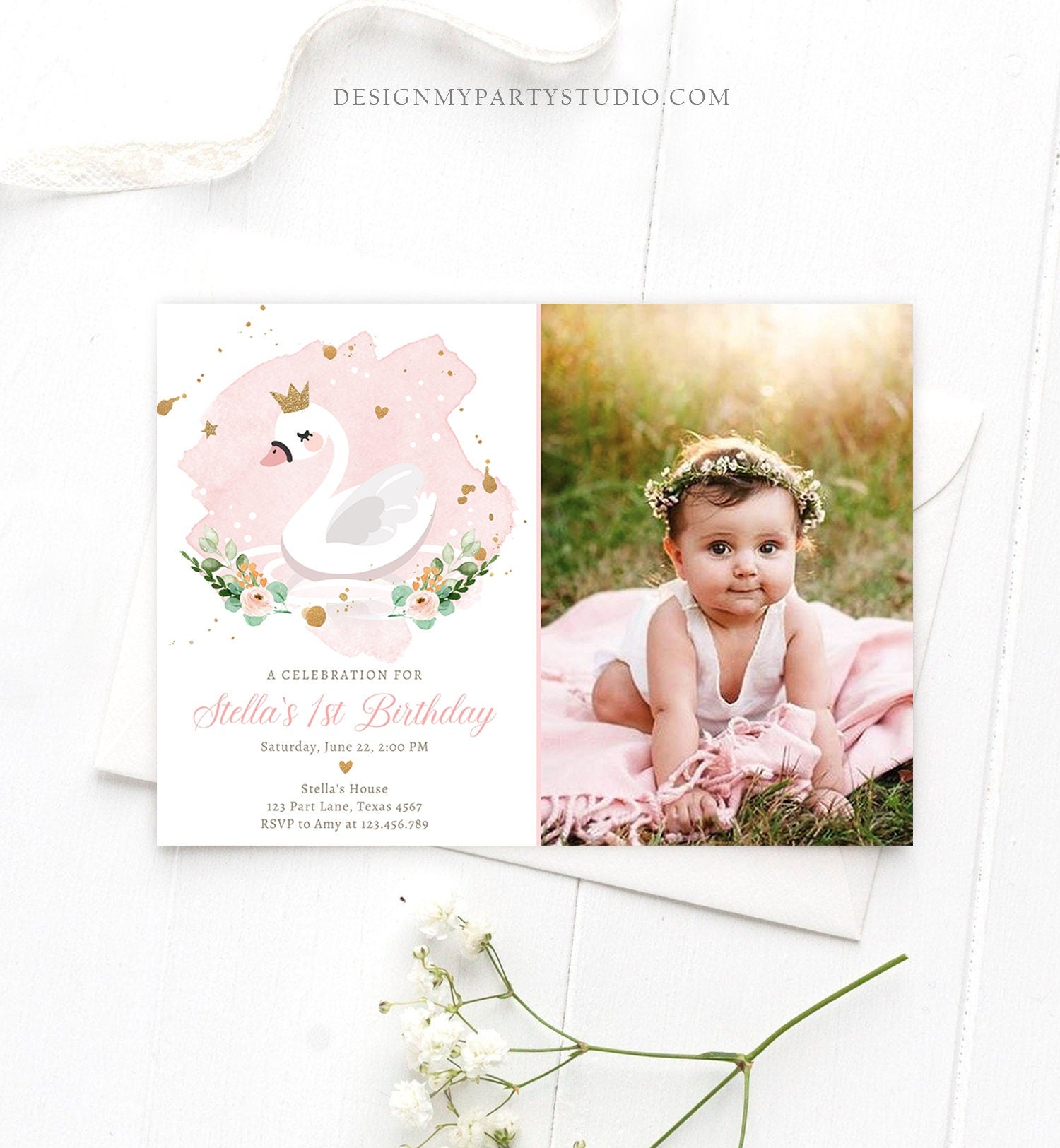 Editable Swan Birthday Invitation Girl Swan Princess Birthday Invite Pink Gold 1st 2nd 3rd Digital Download Evite Template Printable 0382