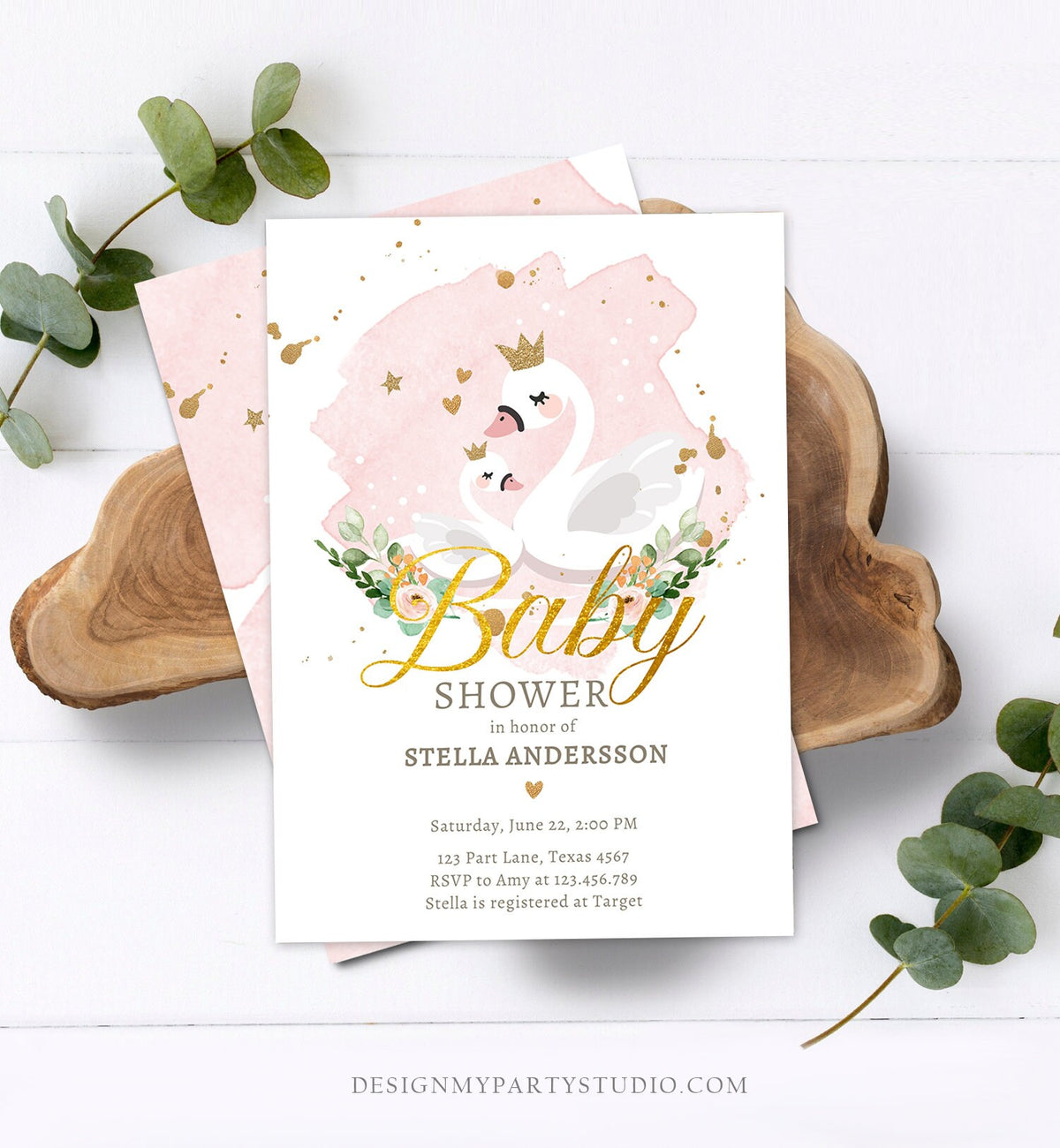Editable Swan Baby Shower Invitation Girl Shower Invite Princess Pink Gold Swans Little Swan Download Printable Template Digital Corjl 0382