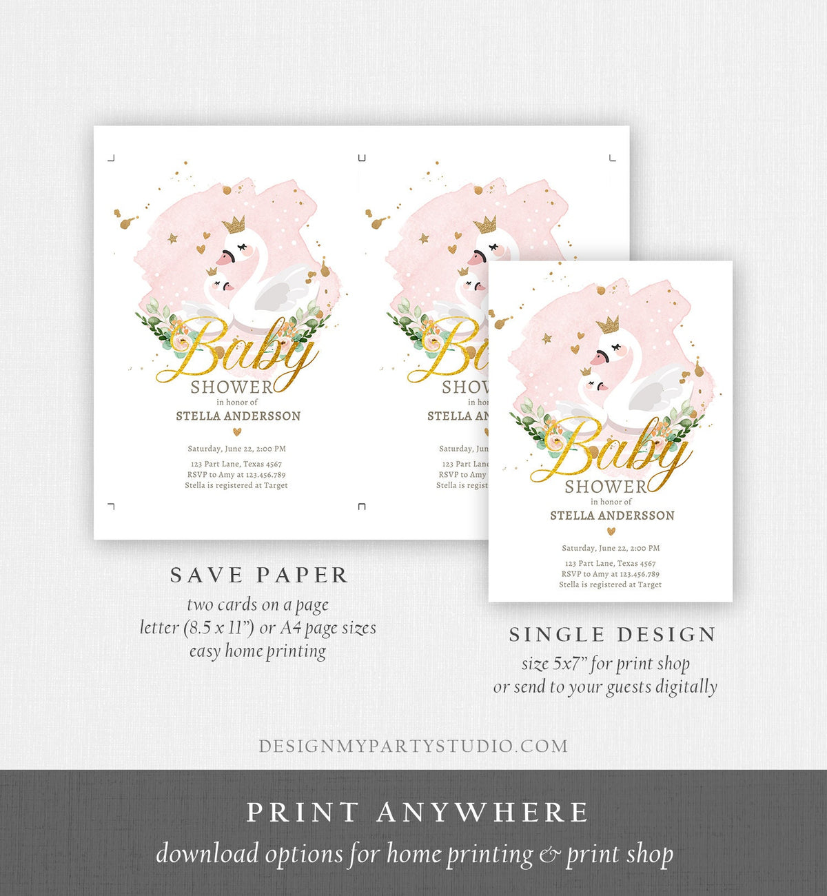 Editable Swan Baby Shower Invitation Girl Shower Invite Princess Pink Gold Swans Little Swan Download Printable Template Digital Corjl 0382