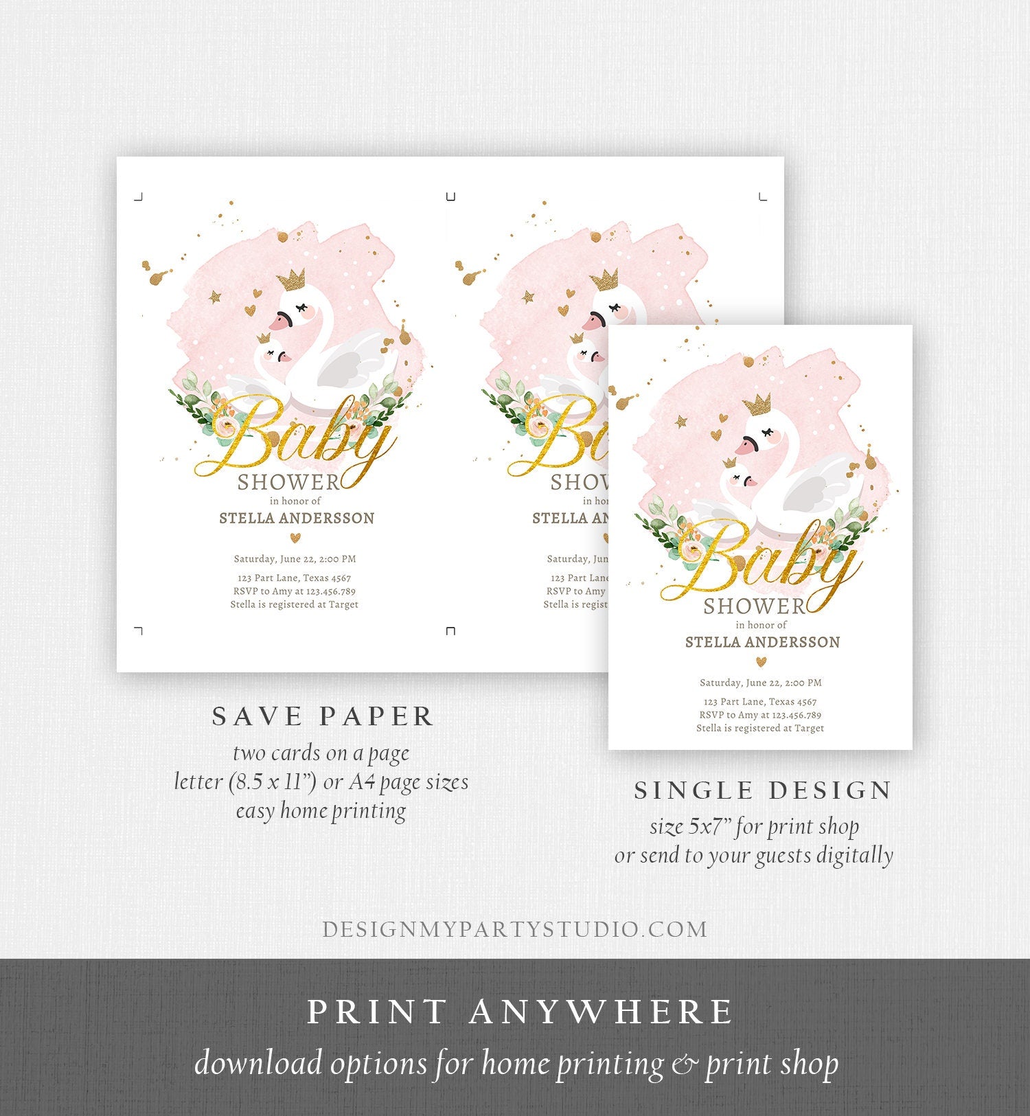 Editable Swan Baby Shower Invitation Girl Shower Invite Princess Pink Gold Swans Little Swan Download Printable Template Digital Corjl 0382