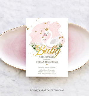 Editable Swan Baby Shower Invitation Girl Shower Invite Princess Pink Gold Swans Little Swan Download Printable Template Digital Corjl 0382