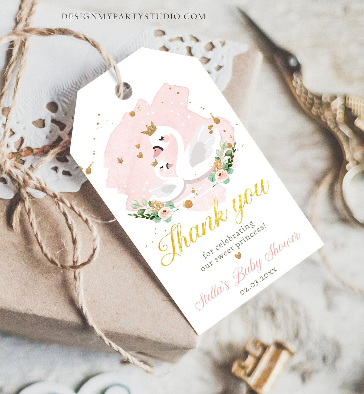 Editable Floral Swan Baby Shower Favor Tags Thank You Tags Swans Girl Pink Gold Princess Swan Gift Tag Decor Digital Template Printable 0382
