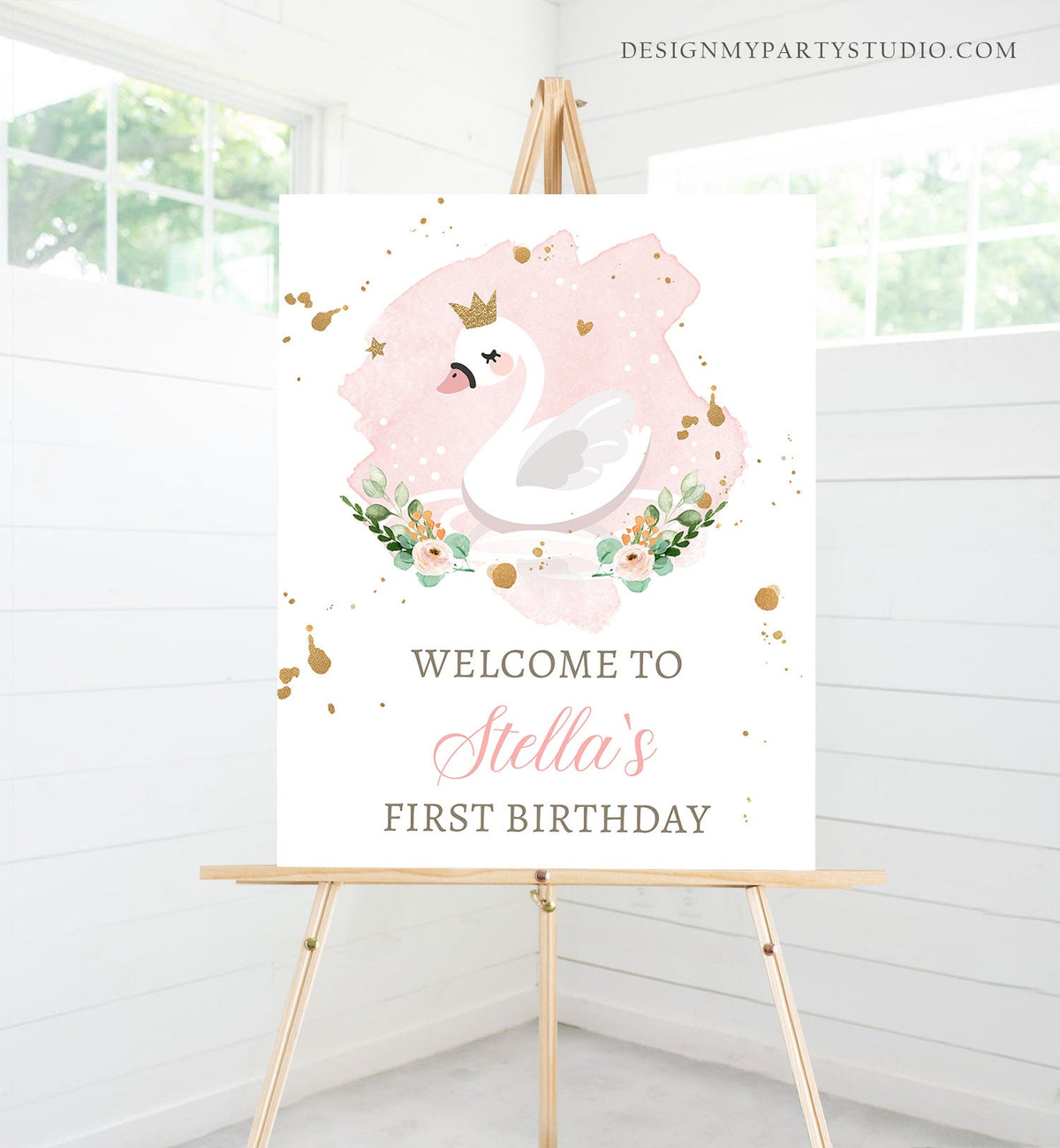 Editable Swan Princess Birthday Welcome Sign Swan Birthday Welcome Sign Blush Pink Gold Floral Swan Decor Girl Template Printable 0382