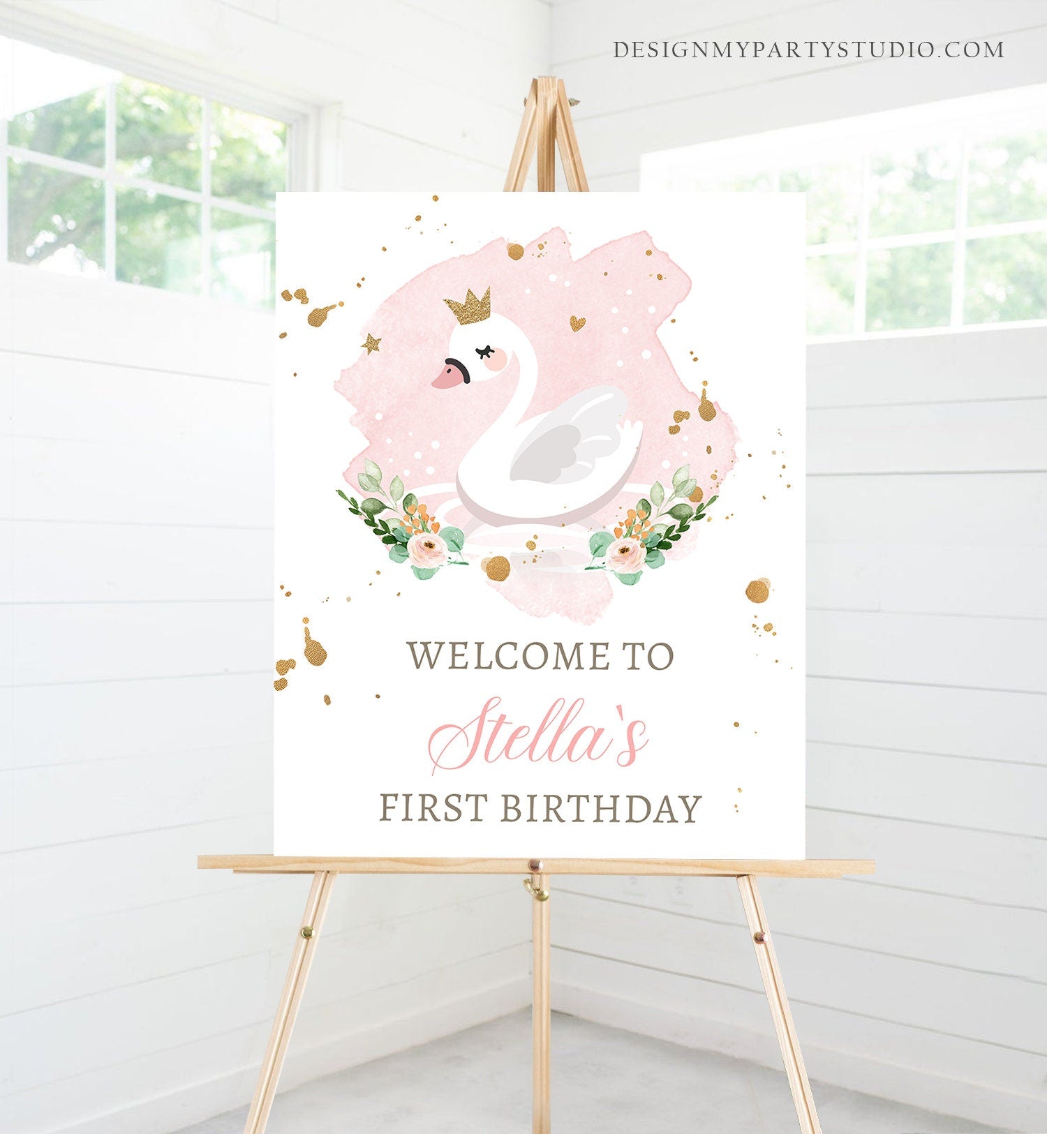 Editable Swan Princess Birthday Welcome Sign Swan Birthday Welcome Sign Blush Pink Gold Floral Swan Decor Girl Template Printable 0382