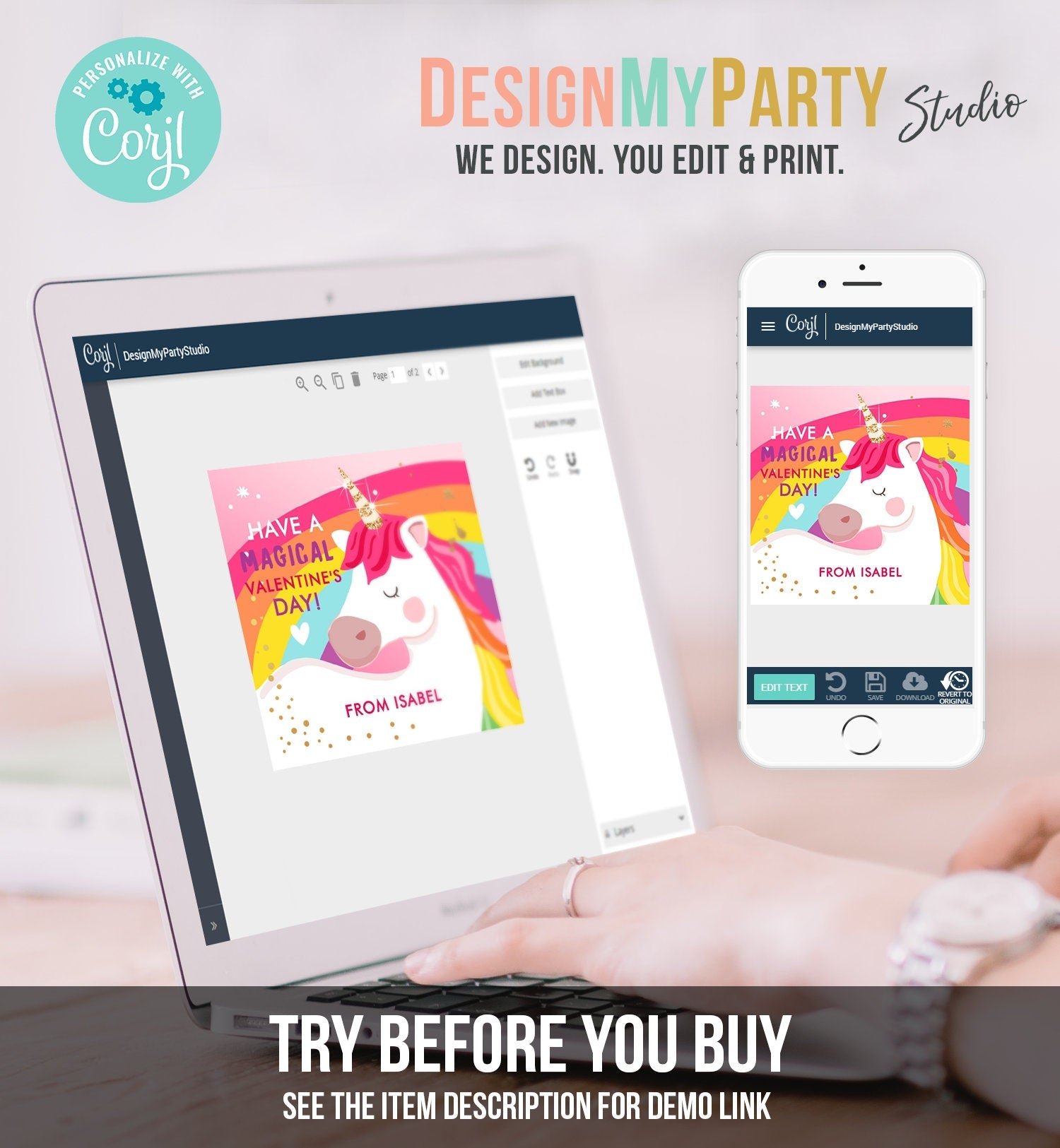 Editable Valentine Unicorn Stickers Valentine Tag Kids Magical Valentine's Day School Class Digital Download Template Printable 0323 0370