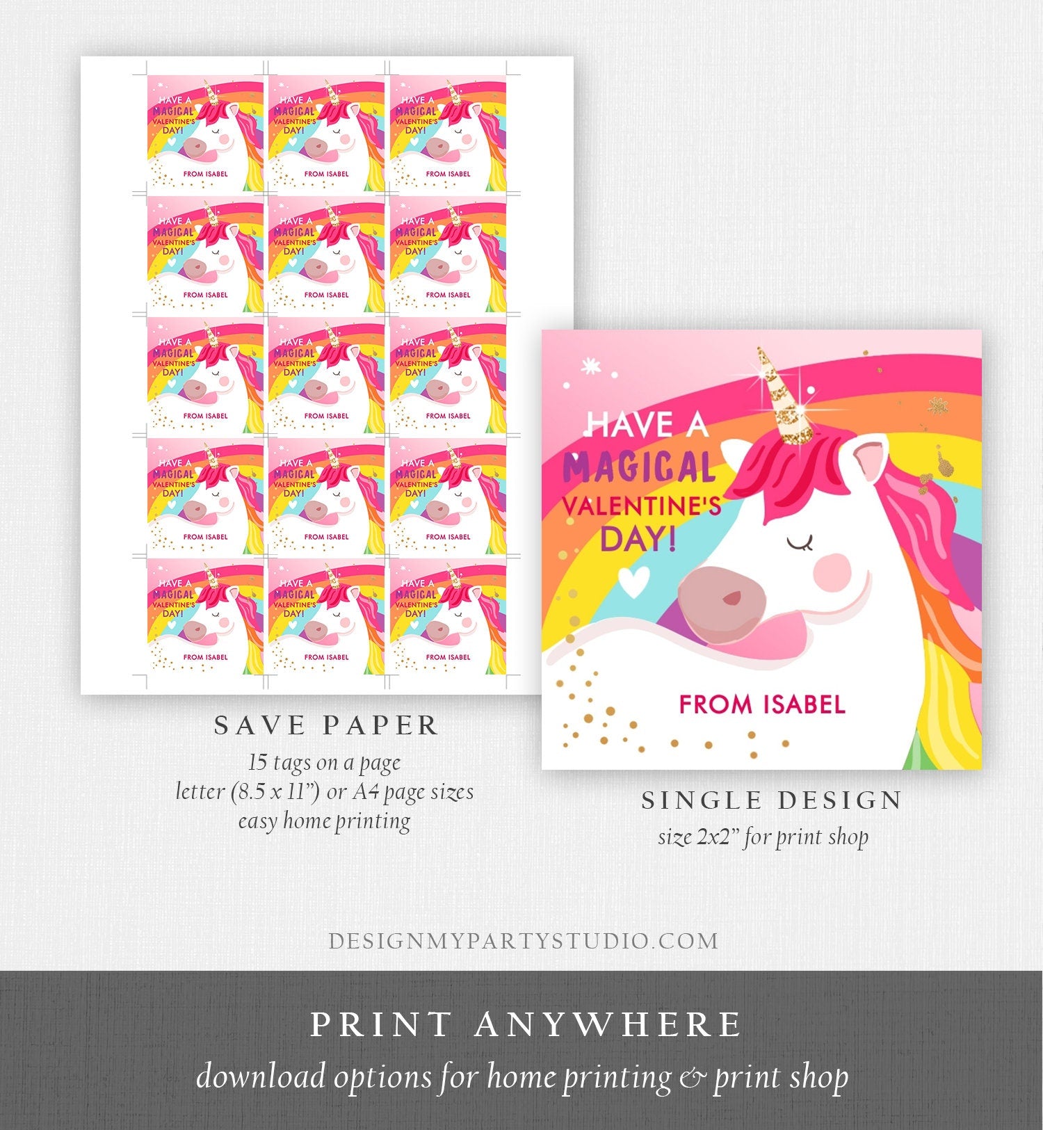 Editable Valentine Unicorn Stickers Valentine Tag Kids Magical Valentine's Day School Class Digital Download Template Printable 0323 0370