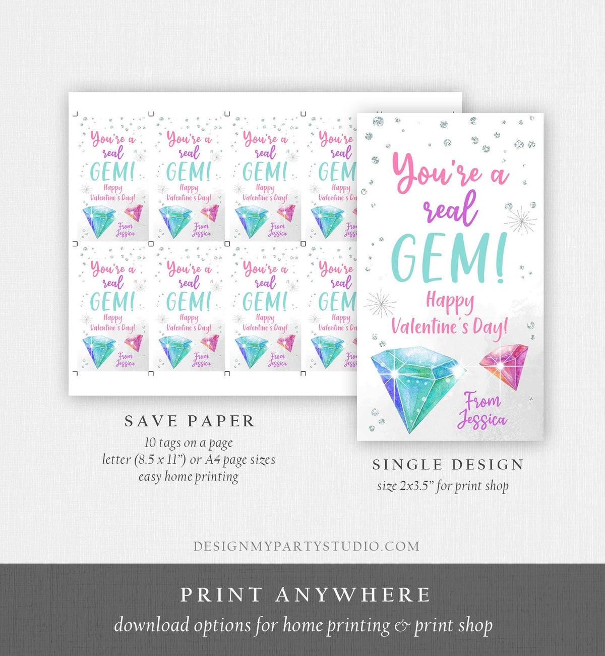 Editable Valentine Tags You&#39;re a Gem Valentine&#39;s Tag School Kid&#39;s Valentine Day Cards Class Printable Personalized Digital PRINTABLE 0370