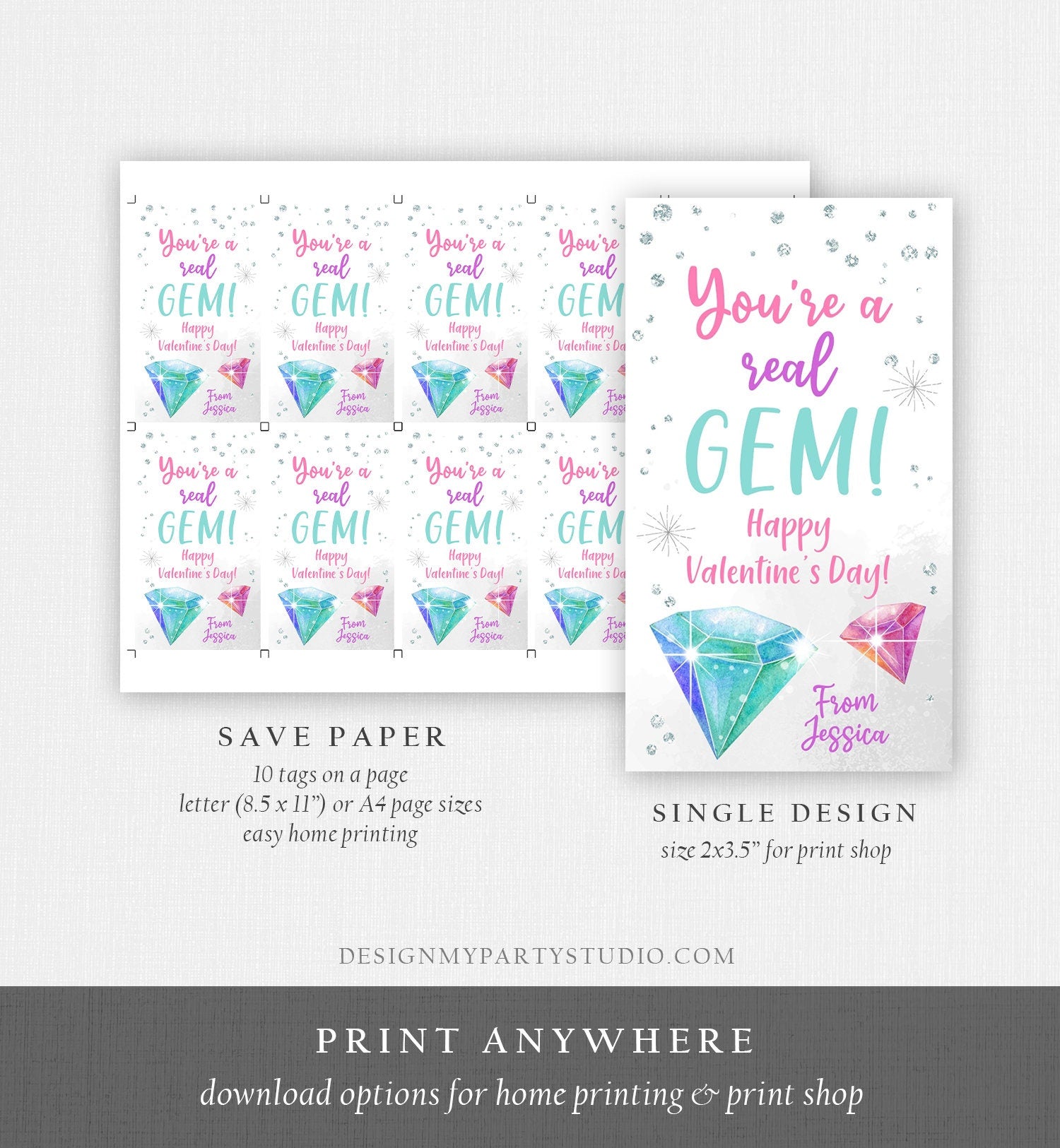 Editable Valentine Tags You're a Gem Valentine's Tag School Kid's Valentine Day Cards Class Printable Personalized Digital PRINTABLE 0370