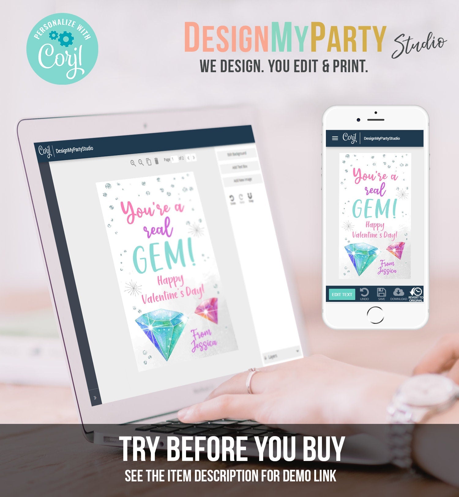 Editable Valentine Tags You're a Gem Valentine's Tag School Kid's Valentine Day Cards Class Printable Personalized Digital PRINTABLE 0370