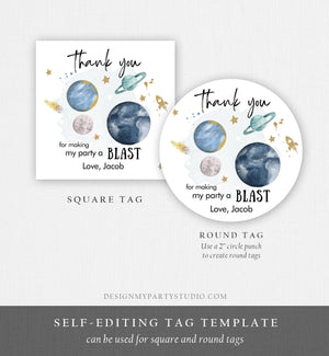 Editable Outer Space Favor Tags Space Birthday Thank you Sticker Galaxy Gift tags Trip Around the Sun Planets Template Corjl PRINTABLE 0357