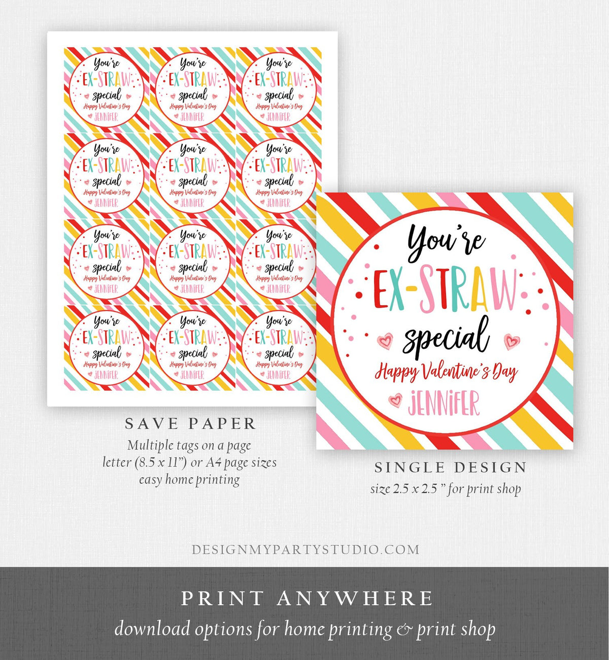 Editable Crazy Straw Tags Valentine Tags You&#39;re Ex-Straw Special Valentine Cards for Kids School Digital Download Template Printable 0370