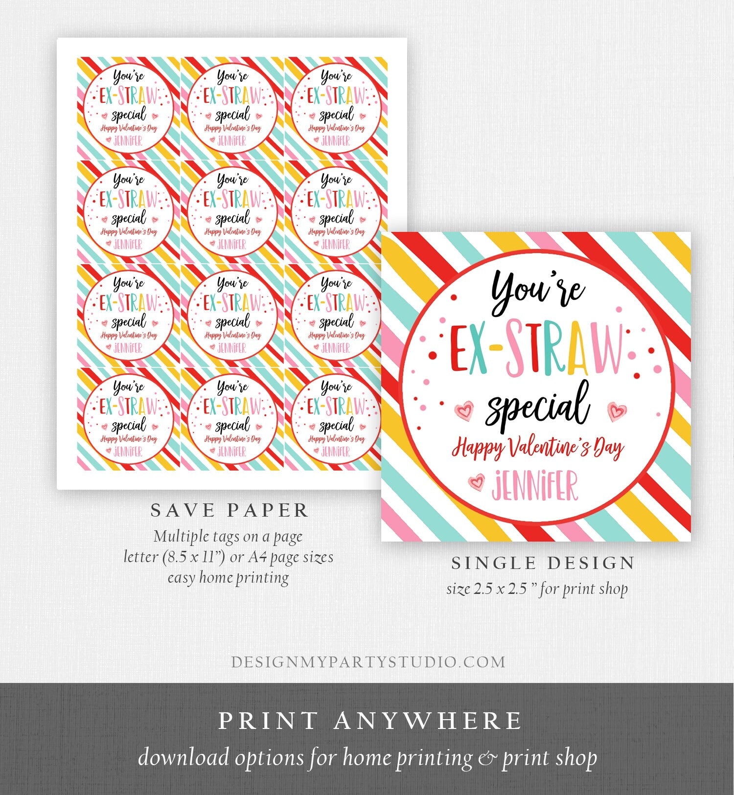 Editable Crazy Straw Tags Valentine Tags You're Ex-Straw Special Valentine Cards for Kids School Digital Download Template Printable 0370