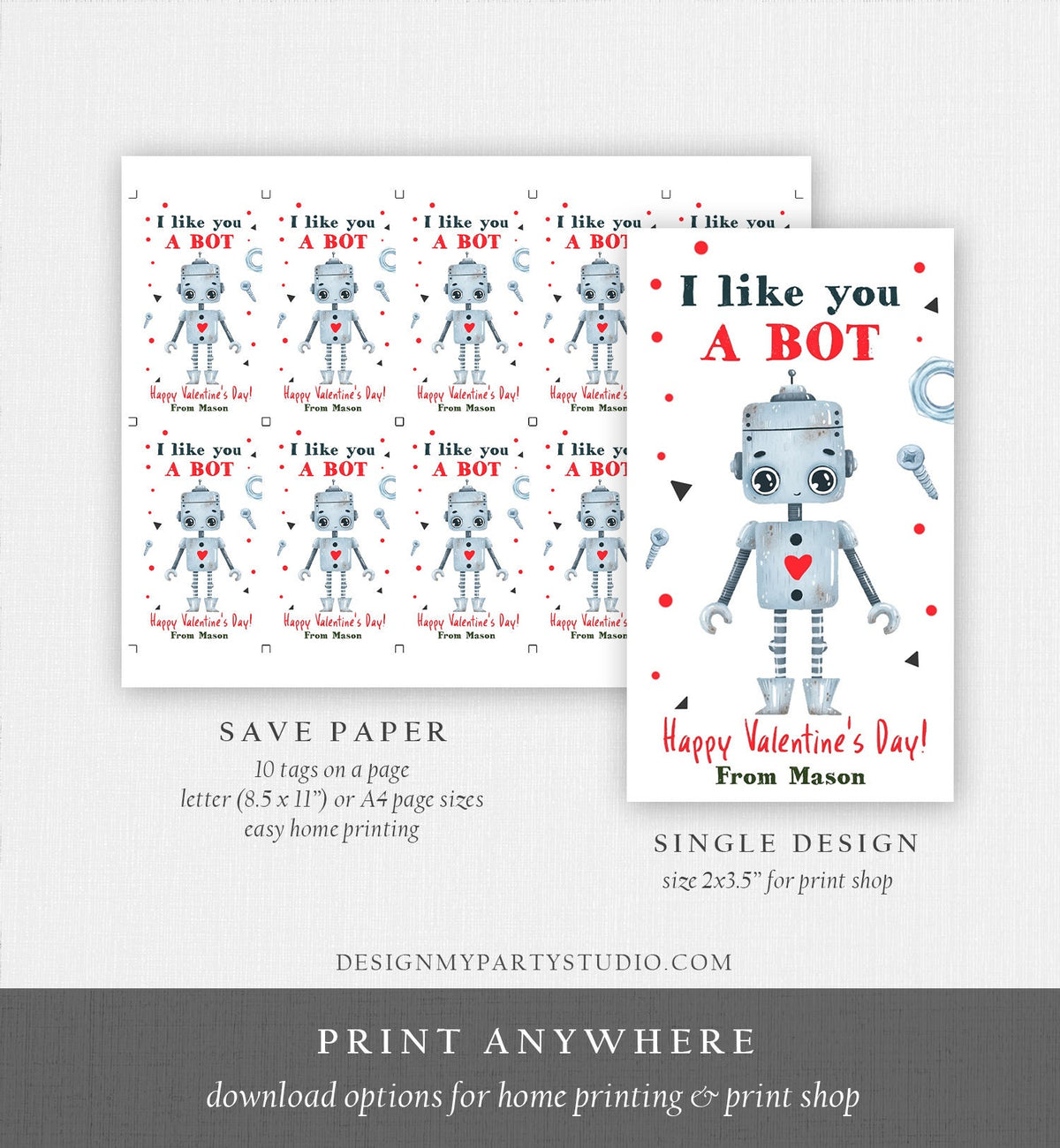 Editable Valentine&#39;s Day Card for Kids Robot Valentines Tag School I Like You A Bot Classroom Digital Download Template Printable 0370