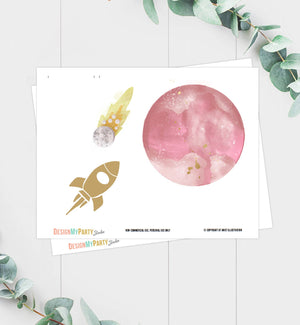Printable Space Cake Topper Space Centerpieces Space Birthday Party Galaxy Table Decor Girl Pink Rocket Planets Watercolor DIY Digital 0357