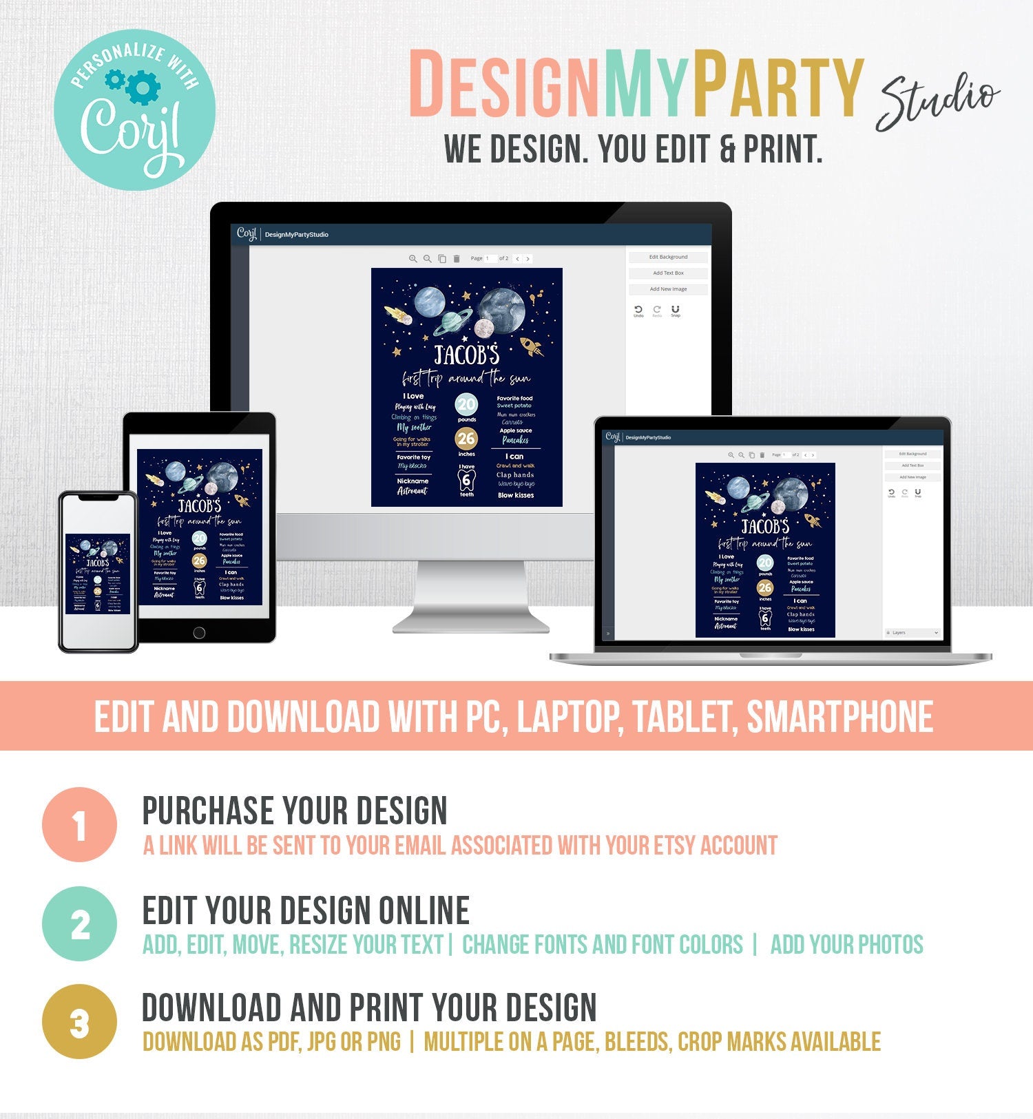 Editable Outer Space Birthday Milestone Sign First Trip Around the Sun Boy 1st Birthday Space Galaxy Planets Digital Template Printable 0357