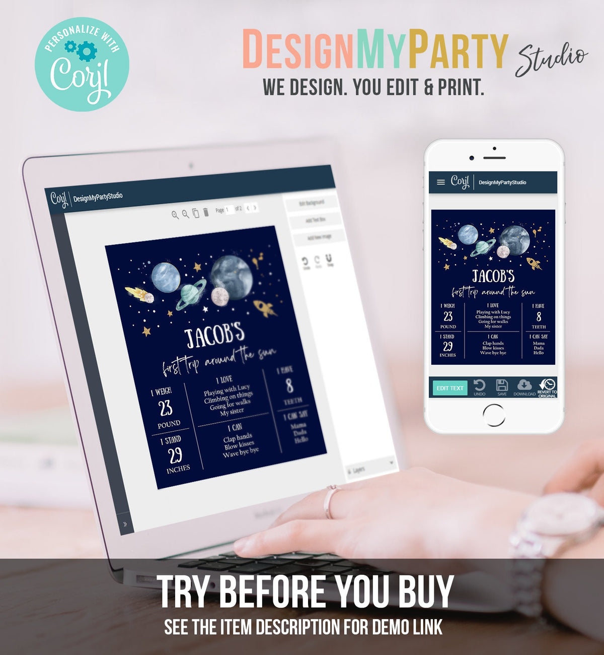 Editable Outer Space Birthday Milestones Sign First Trip Around the Sun Boy 1st Birthday Galaxy Planets Digital Template Printable 0357