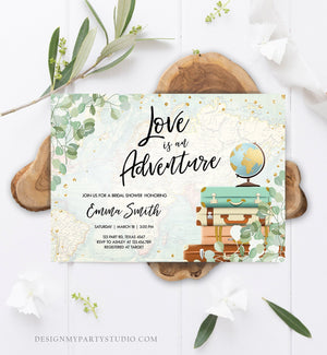 Editable Love is an Adventure Bridal Shower Invitation Miss to Mrs Travel Gold Eucalyptus Greenery Suitcases Download Corjl Template 0030