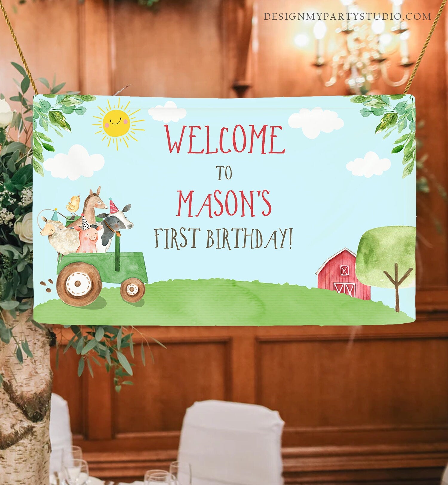 Editable Farm Animals Birthday Backdrop Banner Boy Barnyard Green Tractor Welcome Sign Party Animals Digital Template Printable 0155