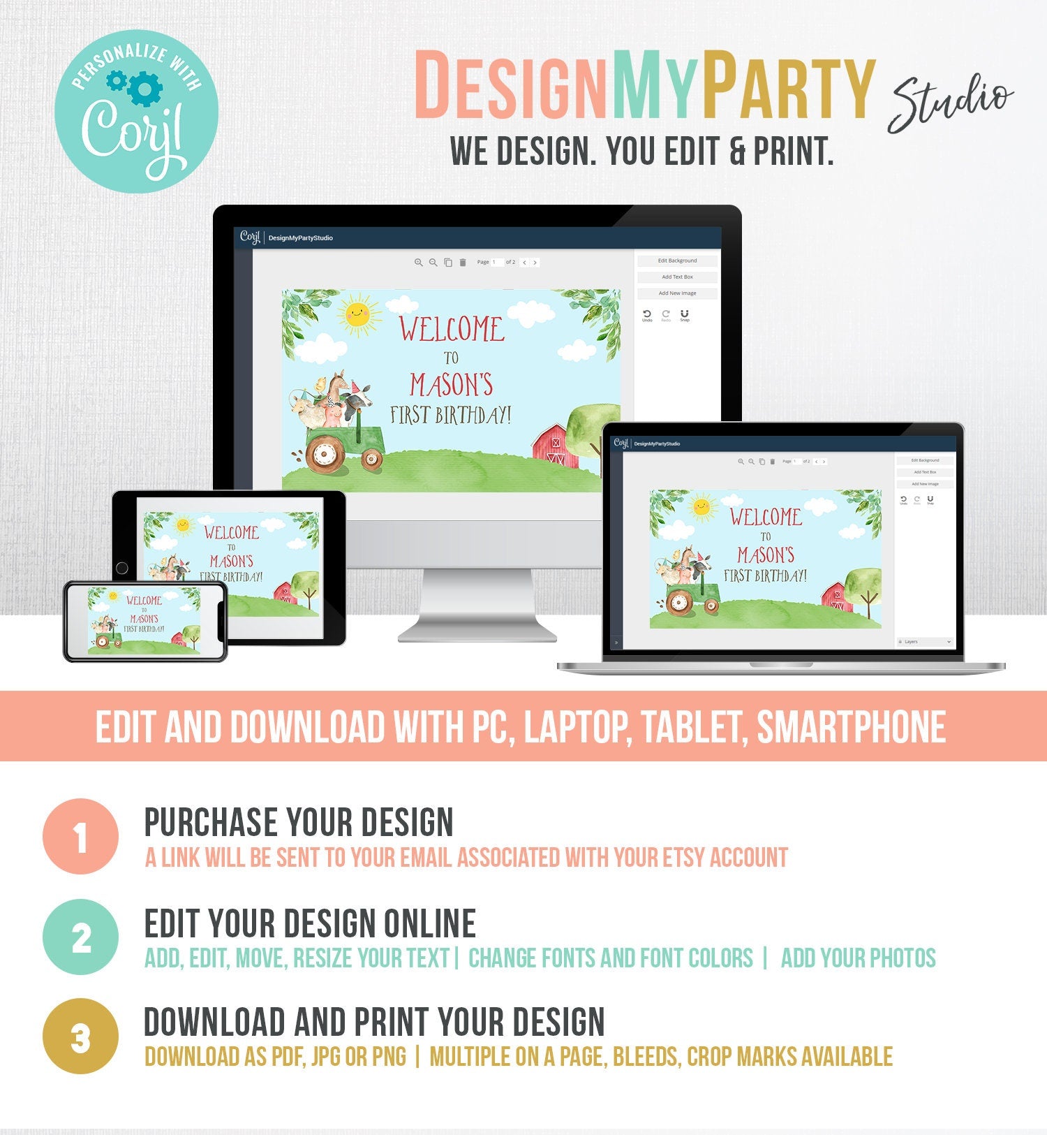 Editable Farm Animals Birthday Backdrop Banner Boy Barnyard Green Tractor Welcome Sign Party Animals Digital Template Printable 0155