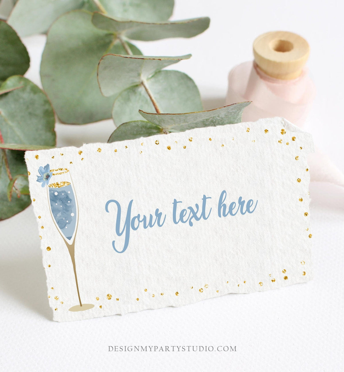 Editable Bubbly Food Labels Brunch and Bubbly Bridal Shower Place Card Tent Buffet Card Blue Gold Birthday Decor Template Printable 0150