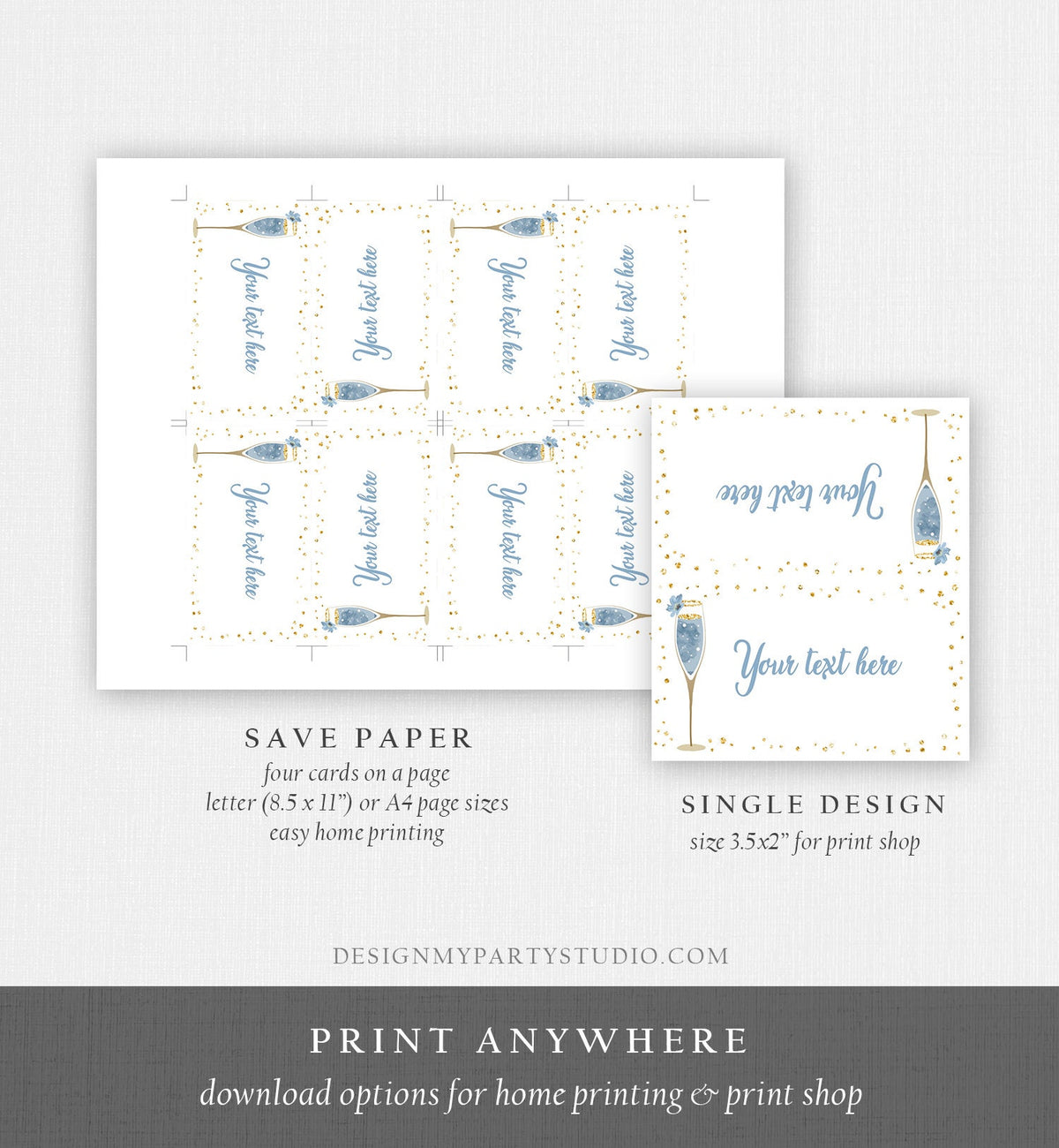 Editable Bubbly Food Labels Brunch and Bubbly Bridal Shower Place Card Tent Buffet Card Blue Gold Birthday Decor Template Printable 0150