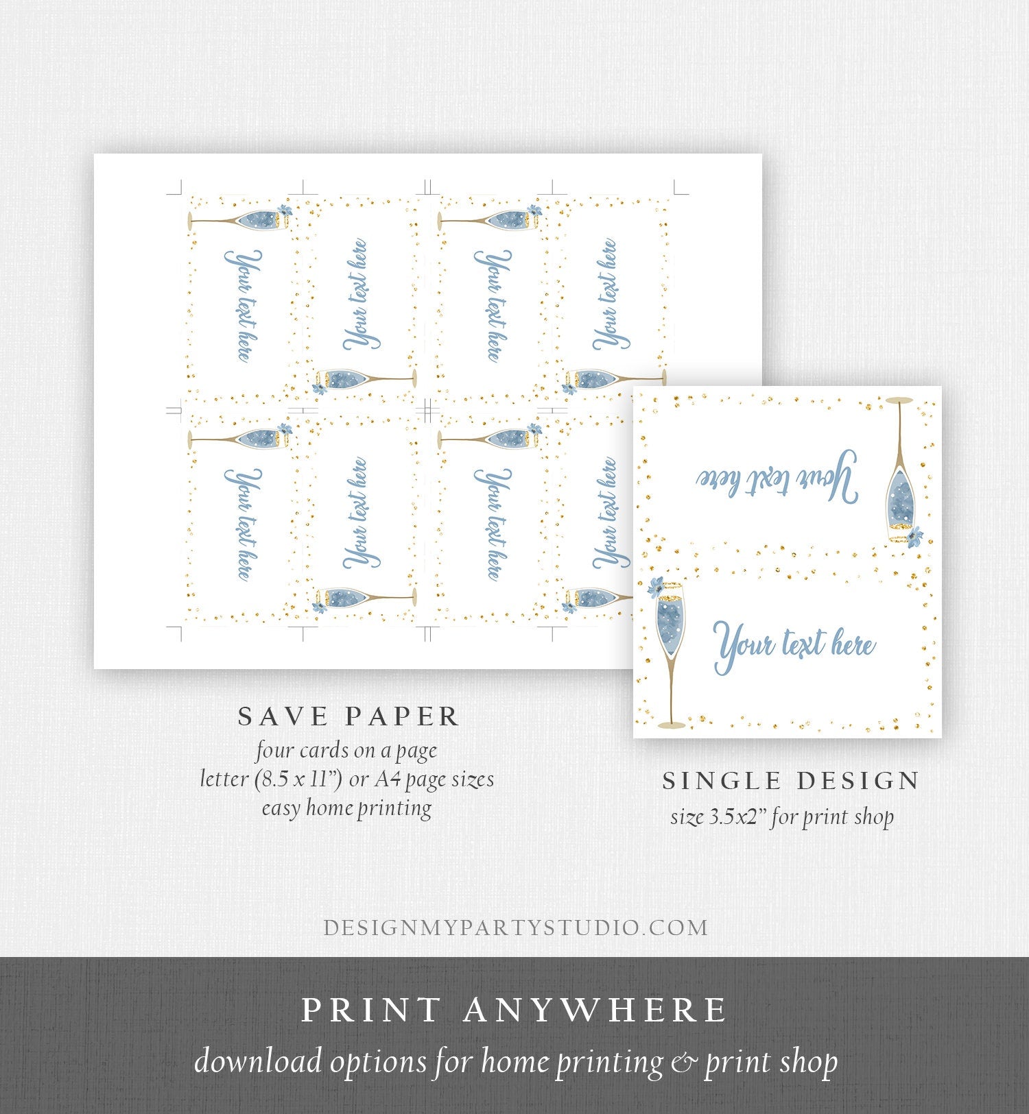 Editable Bubbly Food Labels Brunch and Bubbly Bridal Shower Place Card Tent Buffet Card Blue Gold Birthday Decor Template Printable 0150