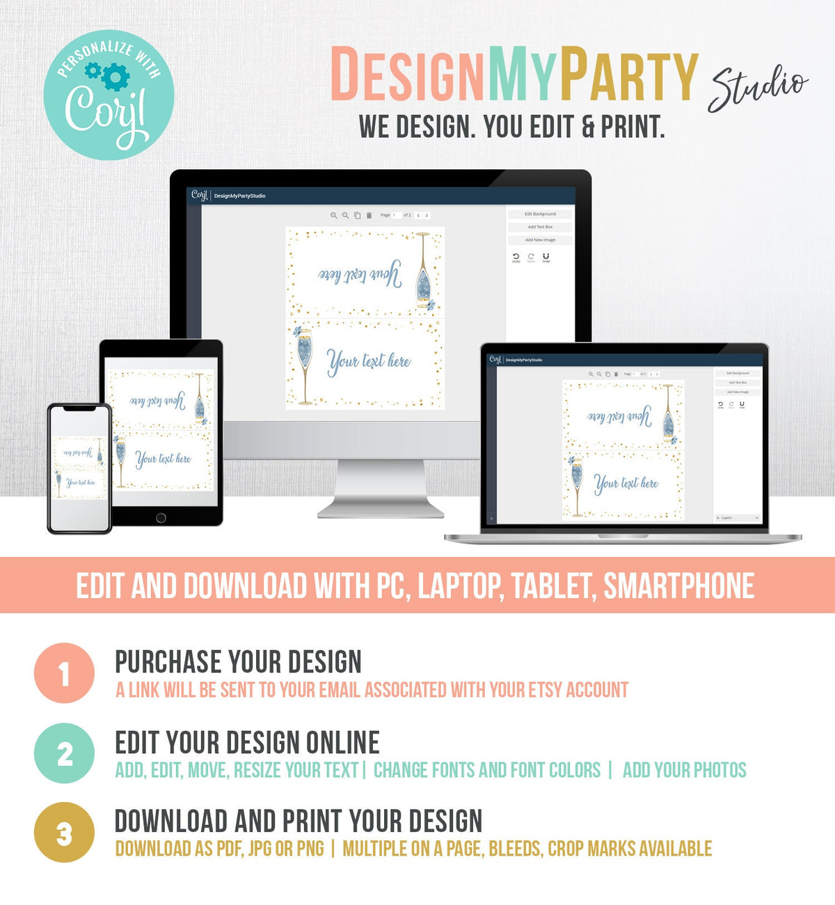 Editable Bubbly Food Labels Brunch and Bubbly Bridal Shower Place Card Tent Buffet Card Blue Gold Birthday Decor Template Printable 0150