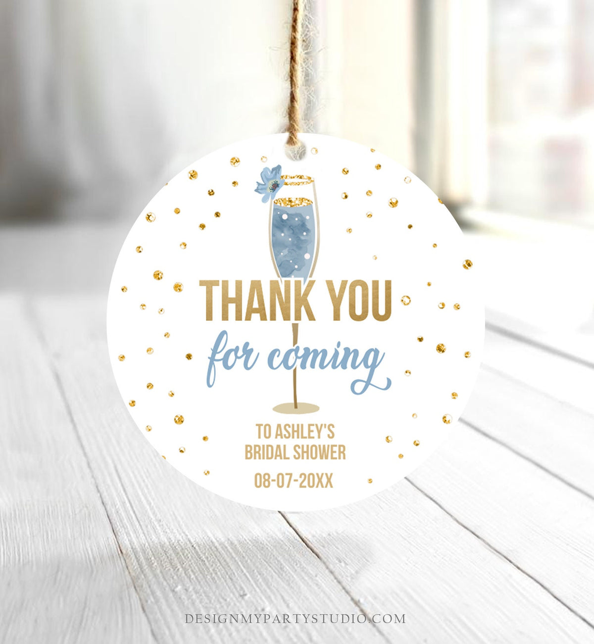 Editable Brunch and Bubbly Thank You Stickers Bubbly Bridal Shower Favor Gift Tags Pastel Blue Gold Floral Digital Template Printable 0150