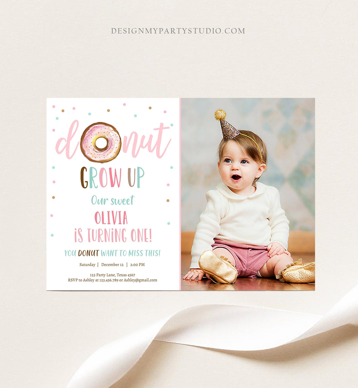 Editable Donut Grow Up Birthday Invitation First Birthday Pink Girl Sweet One Watercolor Digital Download Evite Template Printable 0368