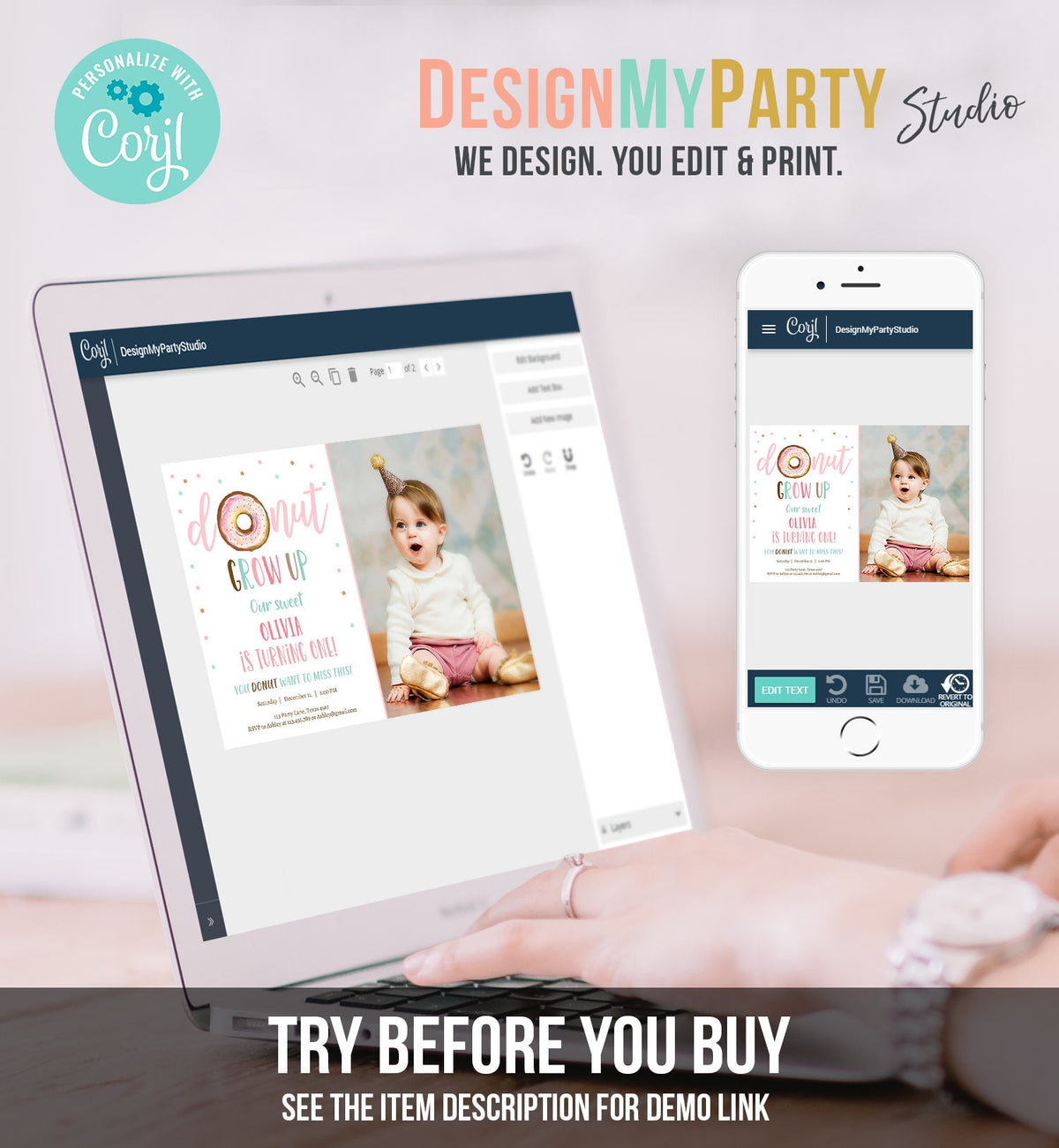 Editable Donut Grow Up Birthday Invitation First Birthday Pink Girl Sweet One Watercolor Digital Download Evite Template Printable 0368