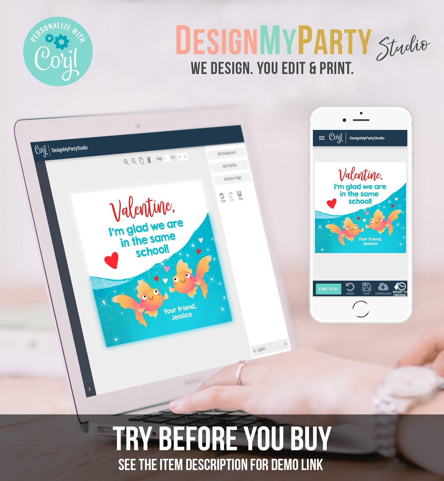 Editable Goldfish Valentine's Day Tag Glad We're in the Same School Sticker Preschool Kids Valentine Tag Digital Template Printable 0370