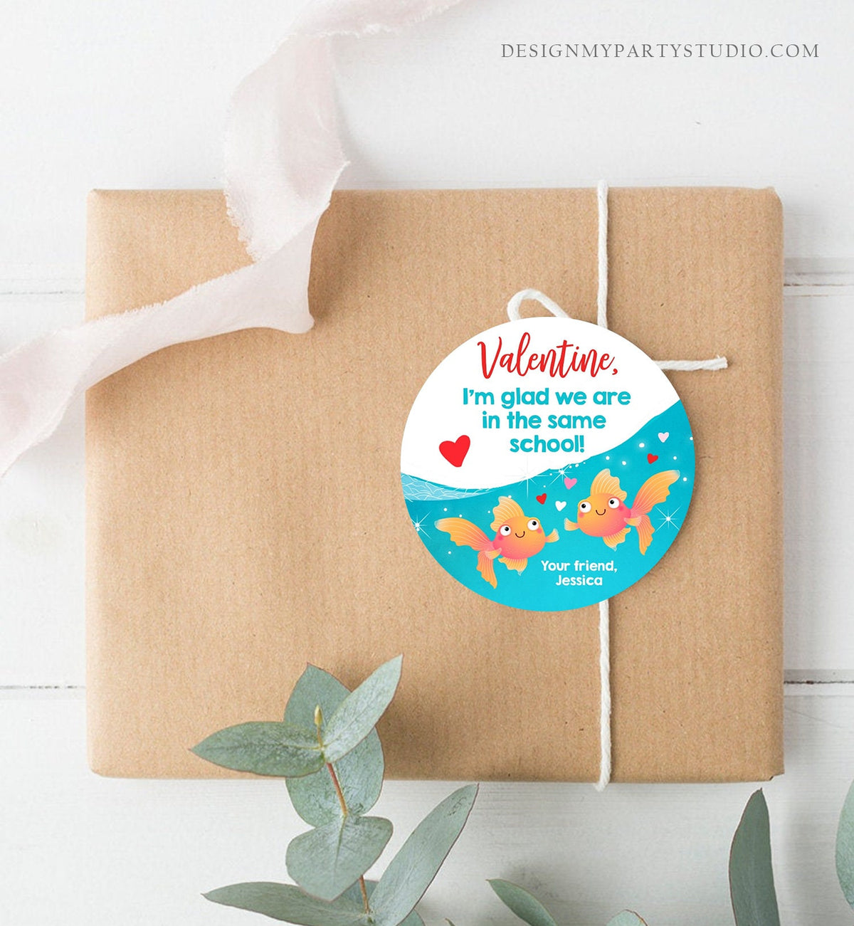Editable Goldfish Valentine&#39;s Day Tag Glad We&#39;re in the Same School Sticker Preschool Kids Valentine Tag Digital Template Printable 0370