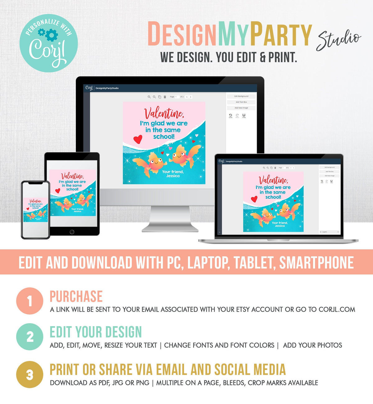 Editable Goldfish Valentine&#39;s Day Tag Glad we&#39;re in the same School Sticker Preschool Card Kids School Tag Digital Template Printable 0370