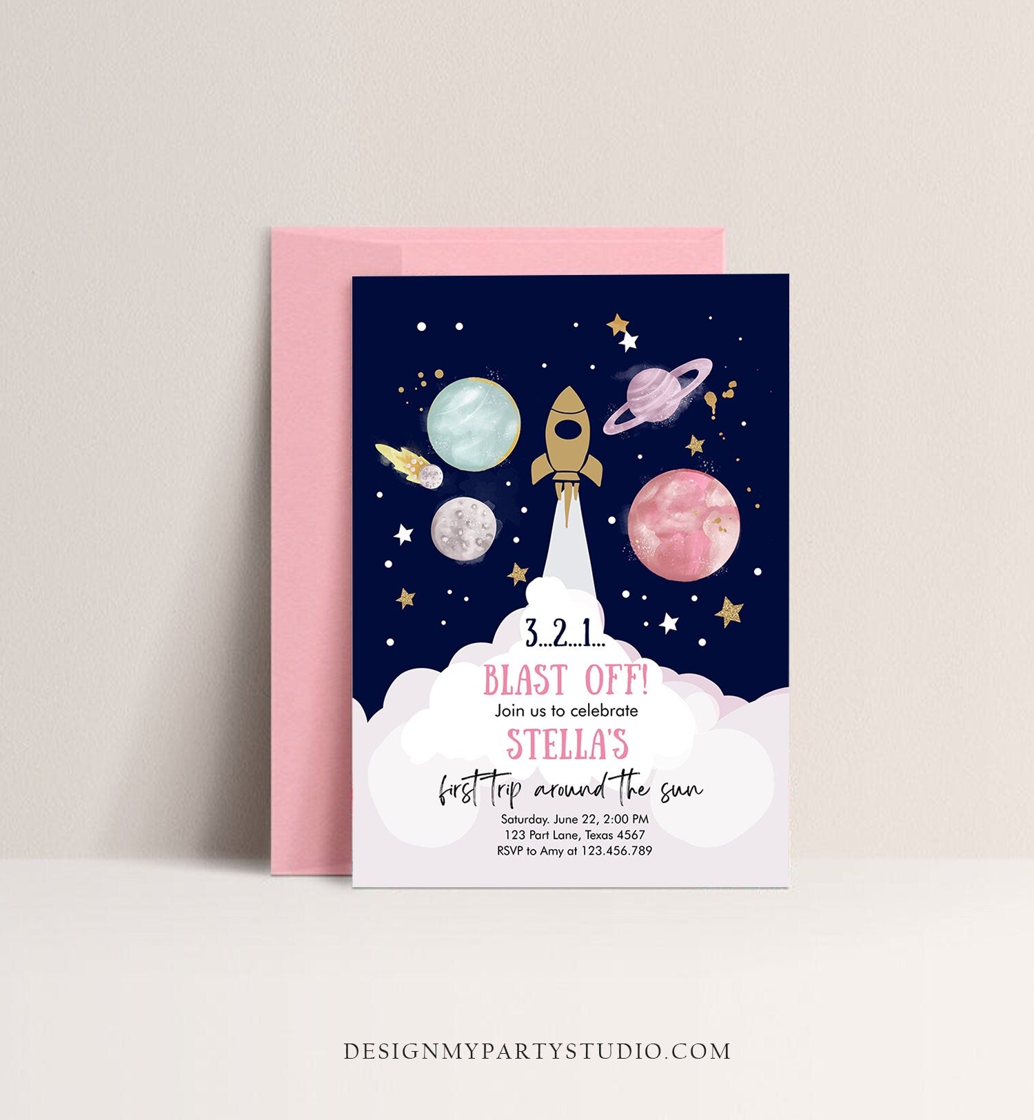 Editable Outer Space Girl First Birthday Invitation Galaxy Blast Off First Trip Around the Sun Pink Digital Evite Template Printable 0357