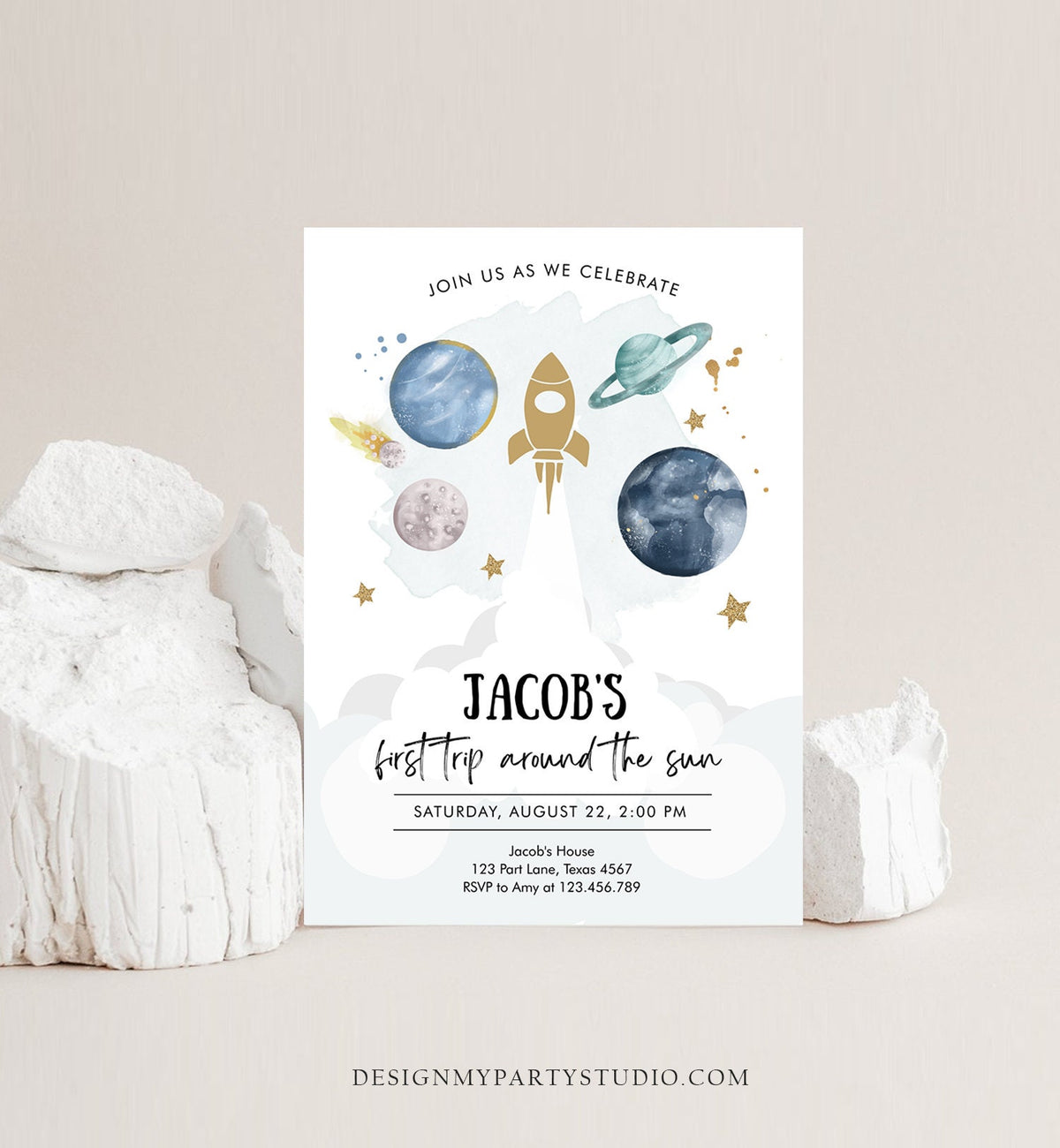 Editable Outer Space First Birthday Invitation Galaxy Blast Off First Trip Around the Sun Digital Download Evite Template Printable 0357