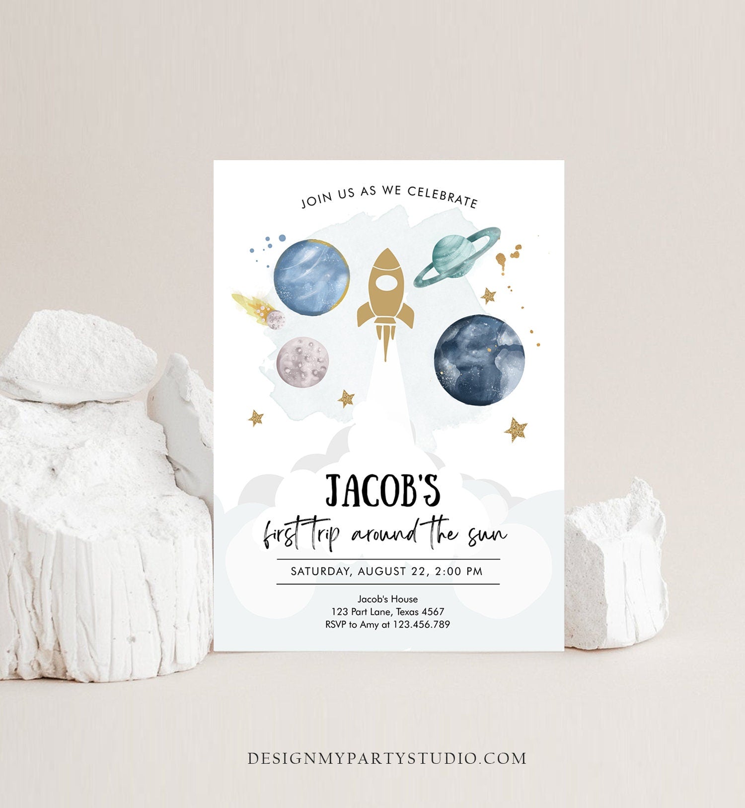 Editable Outer Space First Birthday Invitation Galaxy Blast Off First Trip Around the Sun Digital Download Evite Template Printable 0357
