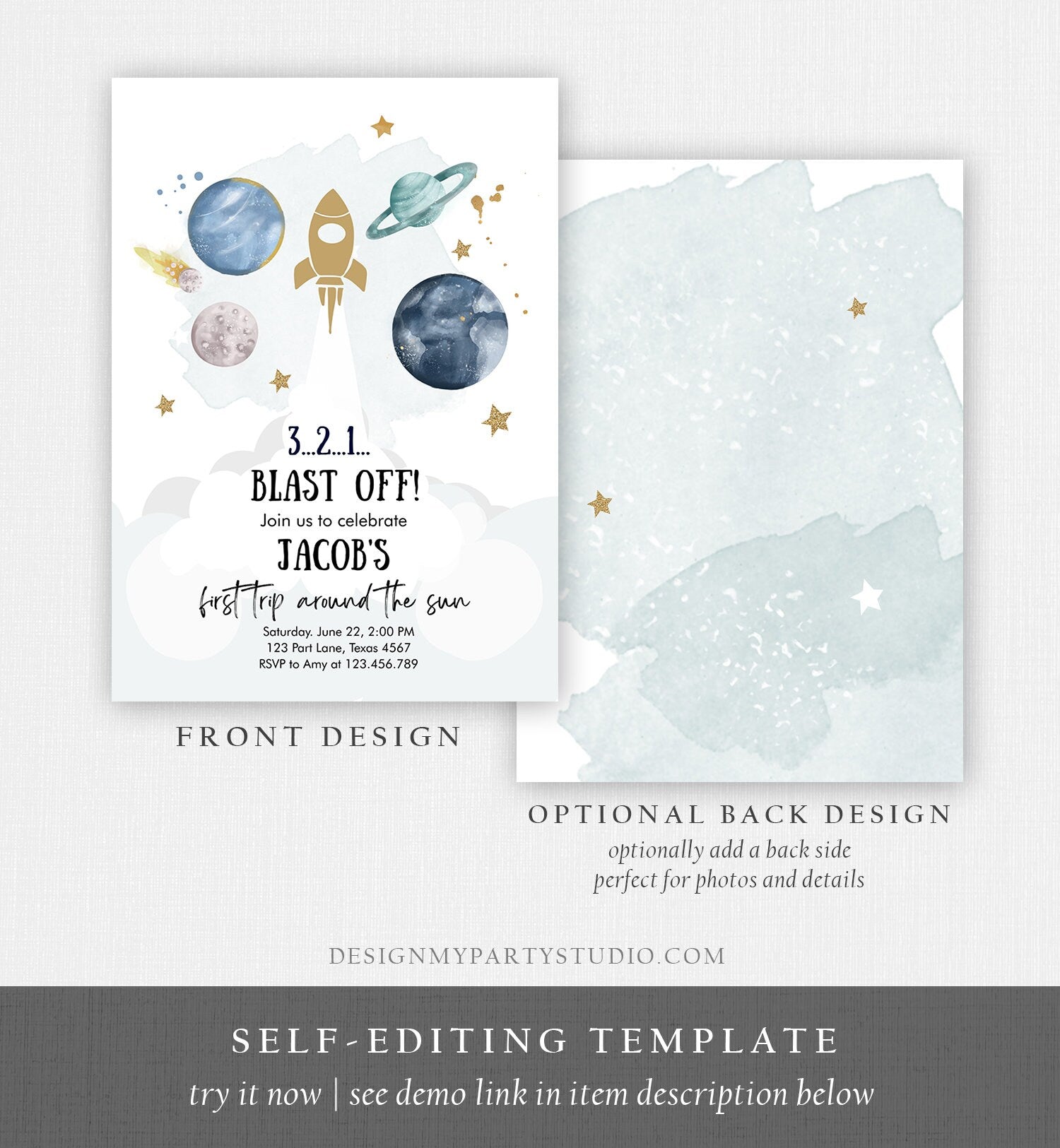 Editable Outer Space First Birthday Invitation Galaxy Blast Off First Trip Around the Sun Digital Download Evite Template Printable 0357