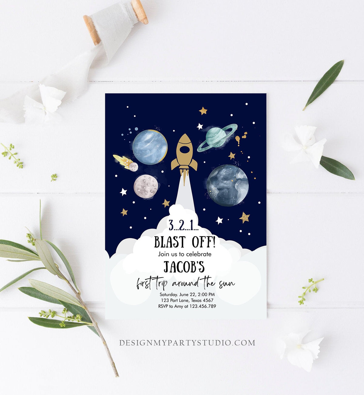 Editable Outer Space First Birthday Invitation Galaxy Blast Off First Trip Around the Sun Digital Download Evite Template Printable 0357