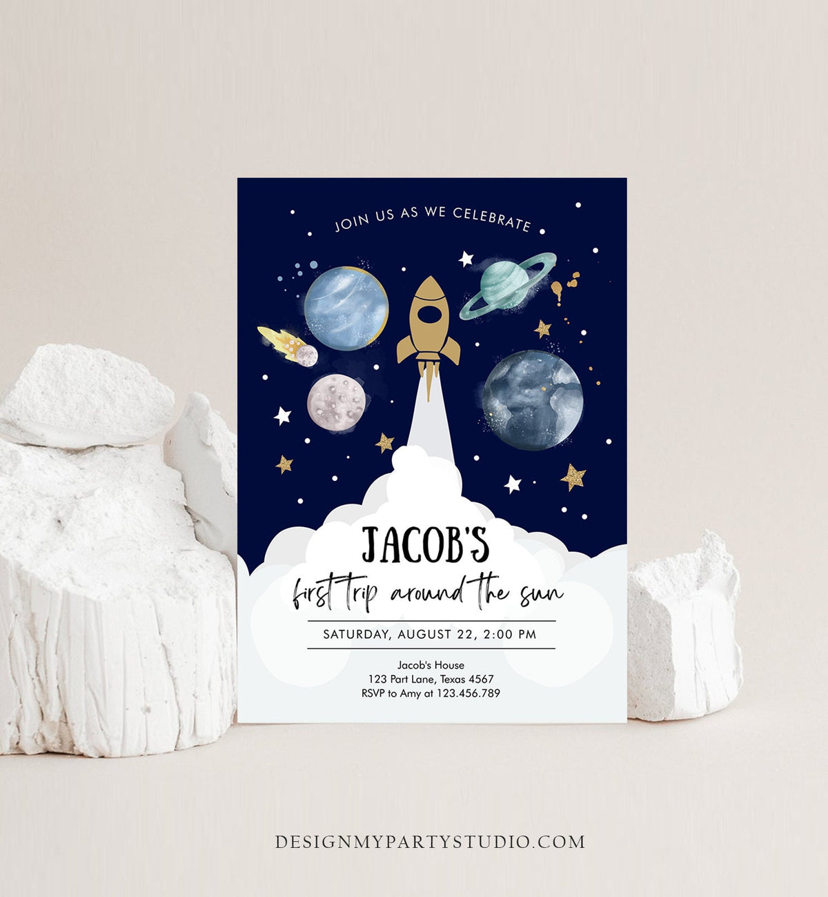 Editable Outer Space First Birthday Invitation Galaxy Blast Off First Trip Around the Sun Digital Download Evite Template Printable 0357