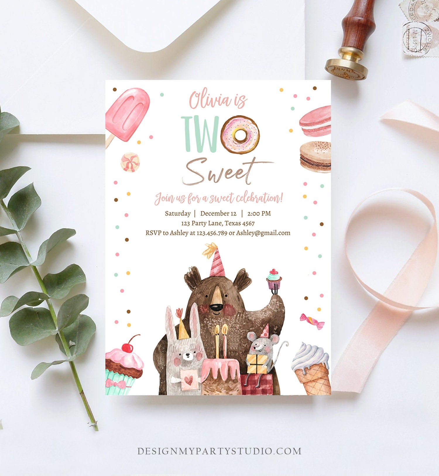 Editable Two Sweet Birthday Invitation Second Birthday Party Girl Donut Ice Cream Animals Digital Download Template Printable 0373