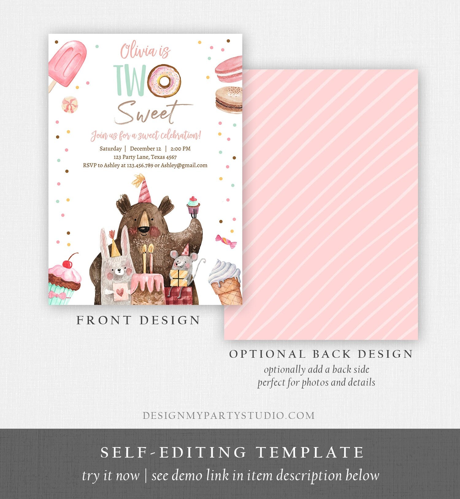 Editable Two Sweet Birthday Invitation Second Birthday Party Girl Donut Ice Cream Animals Digital Download Template Printable 0373
