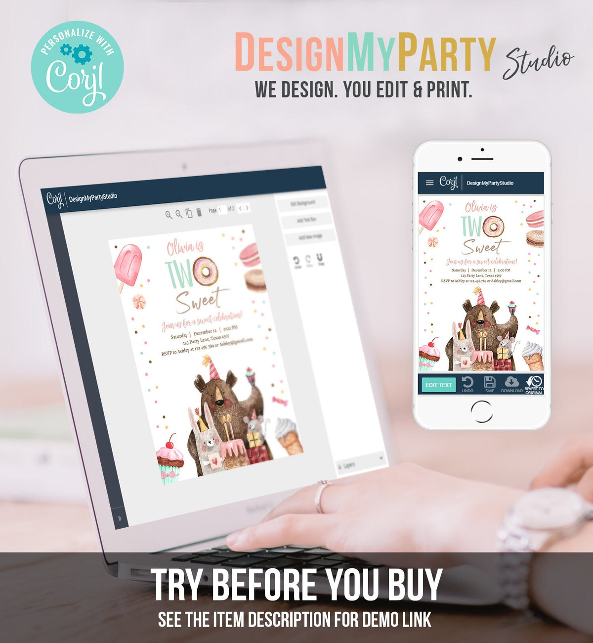 Editable Two Sweet Birthday Invitation Second Birthday Party Girl Donut Ice Cream Animals Digital Download Template Printable 0373