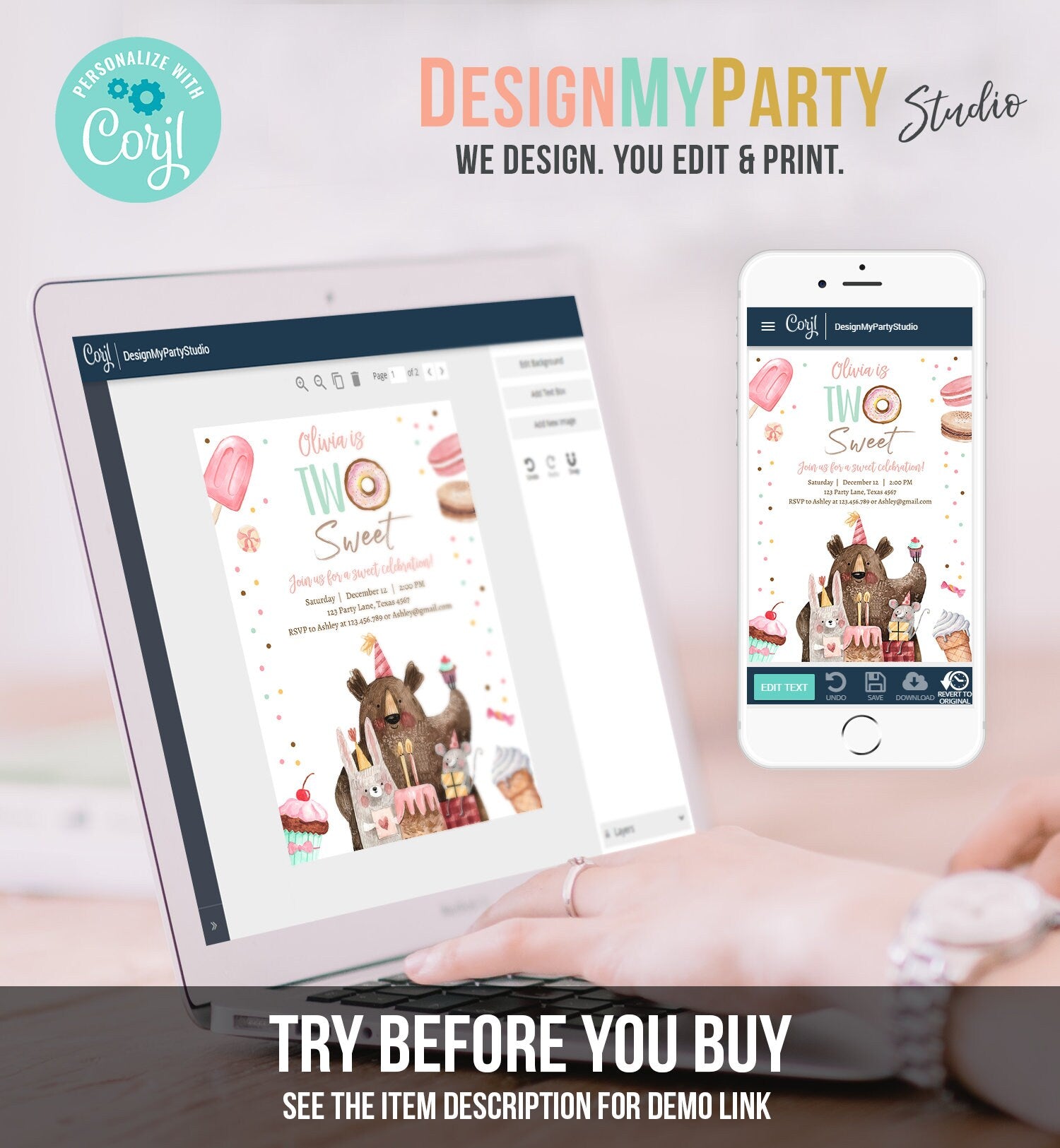 Editable Two Sweet Birthday Invitation Second Birthday Party Girl Donut Ice Cream Animals Digital Download Template Printable 0373