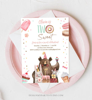 Editable Two Sweet Birthday Invitation Second Birthday Party Girl Donut Ice Cream Animals Digital Download Printable Template Corjl 0373