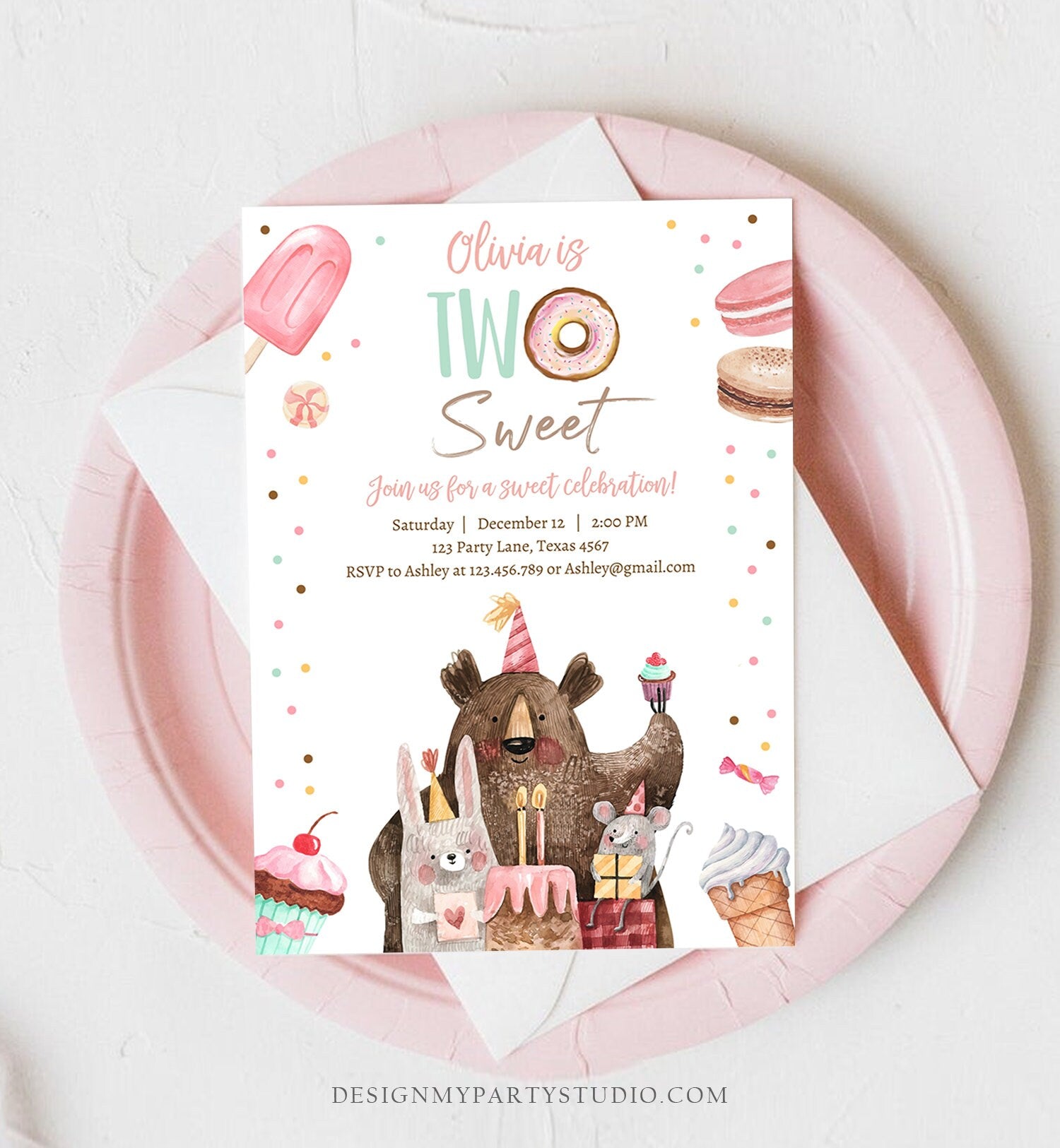 Editable Two Sweet Birthday Invitation Second Birthday Party Girl Donut Ice Cream Animals Digital Download Template Printable 0373