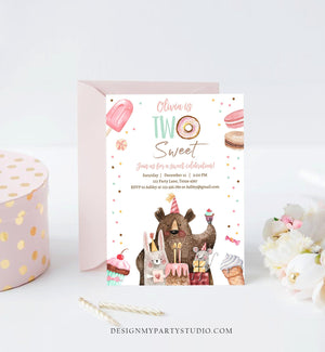 Editable Two Sweet Birthday Invitation Second Birthday Party Girl Donut Ice Cream Animals Digital Download Printable Template Corjl 0373