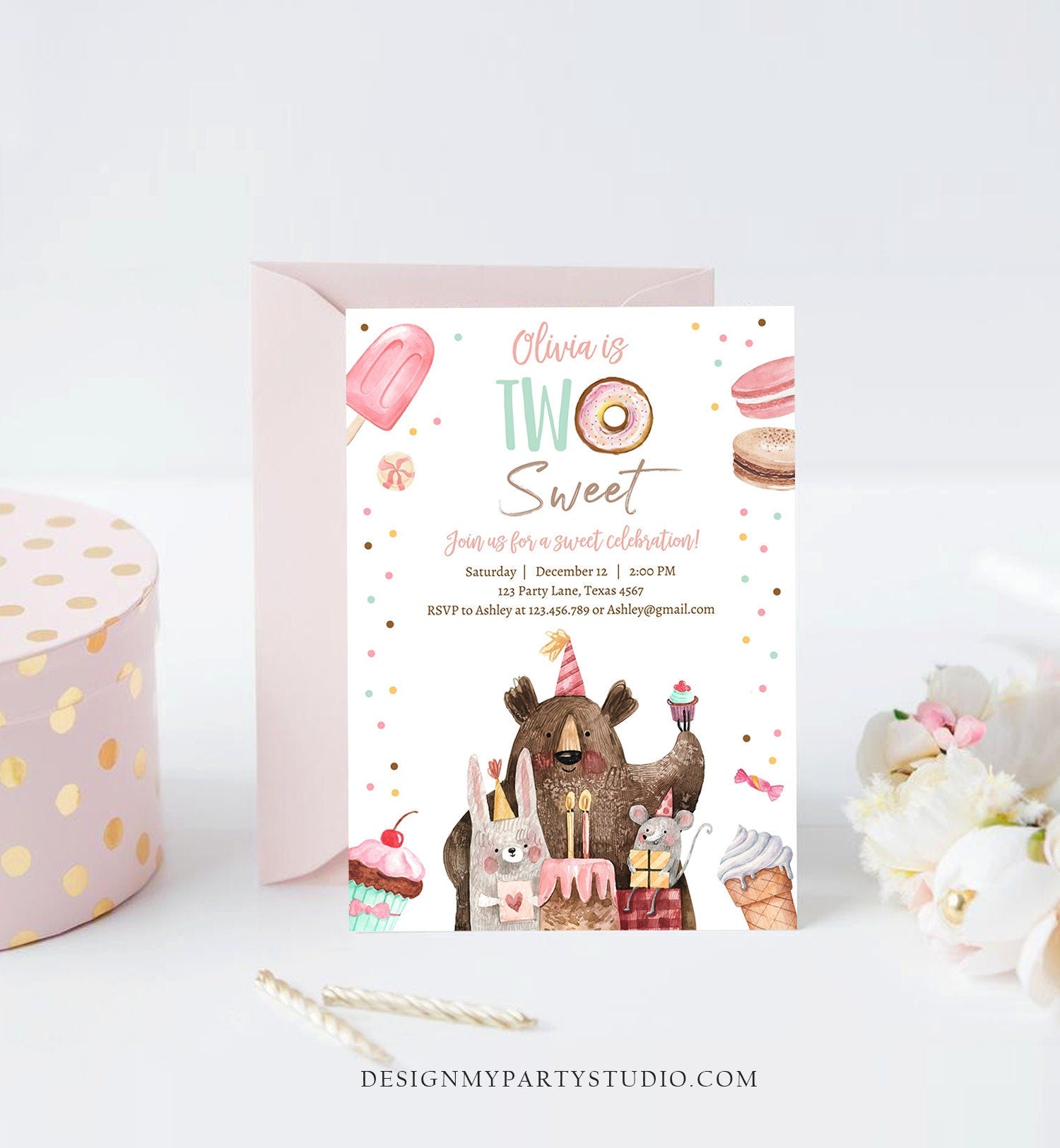 Editable Two Sweet Birthday Invitation Second Birthday Party Girl Donut Ice Cream Animals Digital Download Template Printable 0373