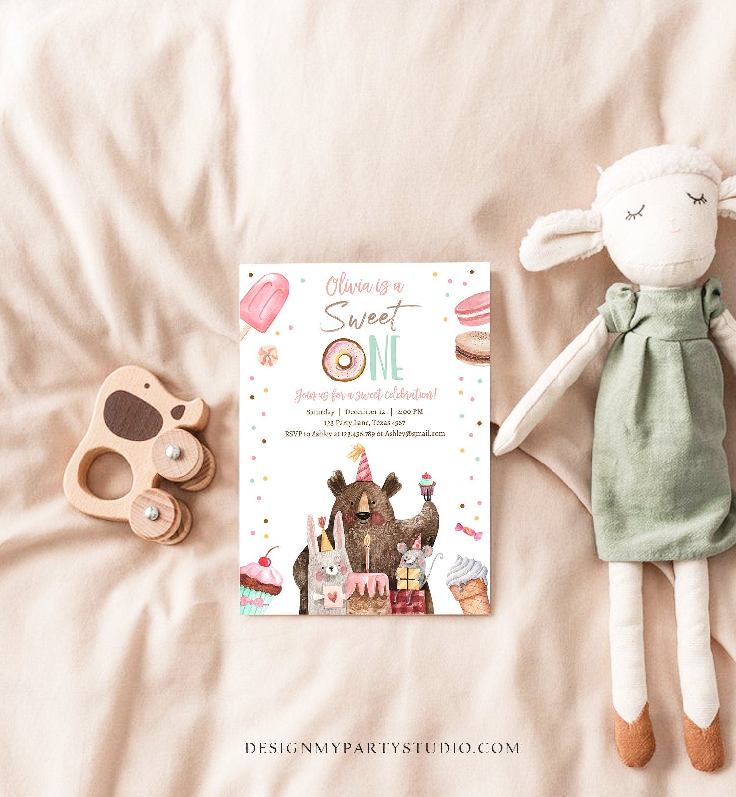 Editable Sweet One Birthday Invitation First Birthday Party 1st Girl Donut Ice Cream Animals Digital Download Evite Template Printable 0373