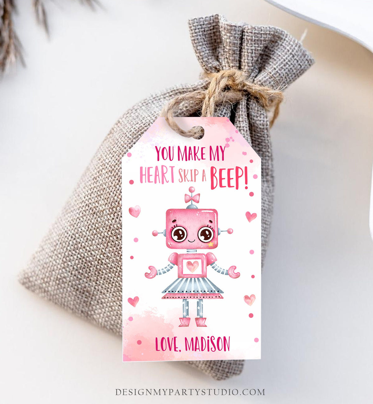 Editable Valentine&#39;s Day Favor Tag Thank You Robot Valentines Tag School You Make My Heart Skip a Beep Non-Candy Printable PRINTABLE 0370