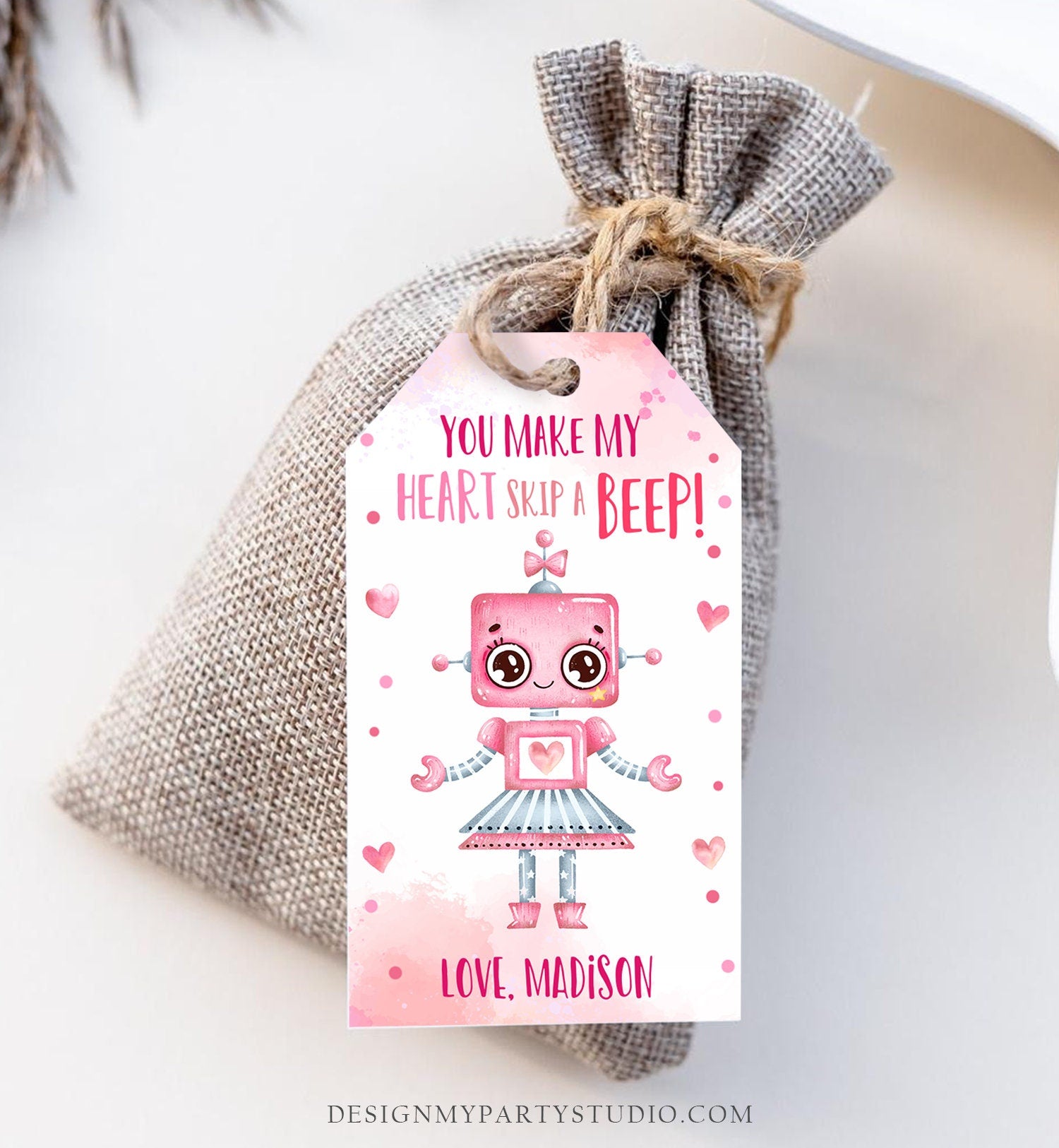 Editable Valentine's Day Favor Tag Thank You Robot Valentines Tag School You Make My Heart Skip a Beep Non-Candy Printable PRINTABLE 0370